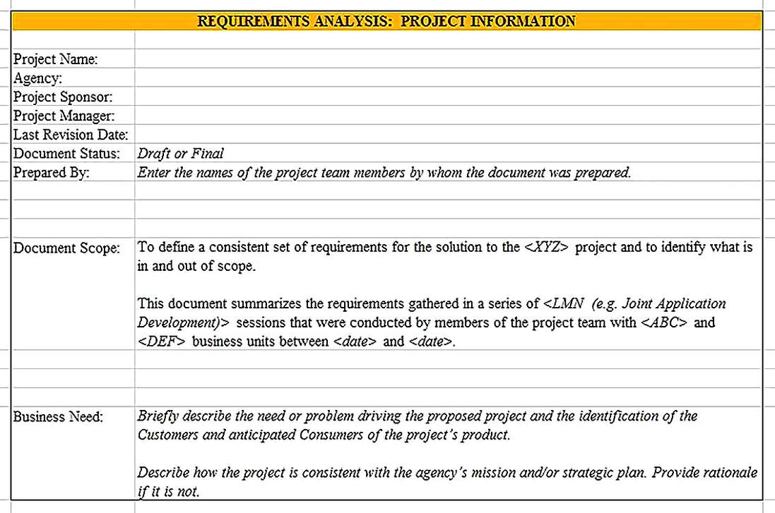 Templates for Project Requirements Analysis Sample