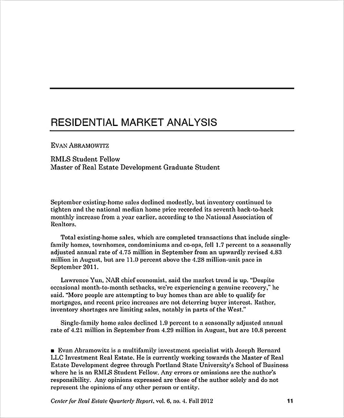 Templates for Residential Market Analysis Sample
