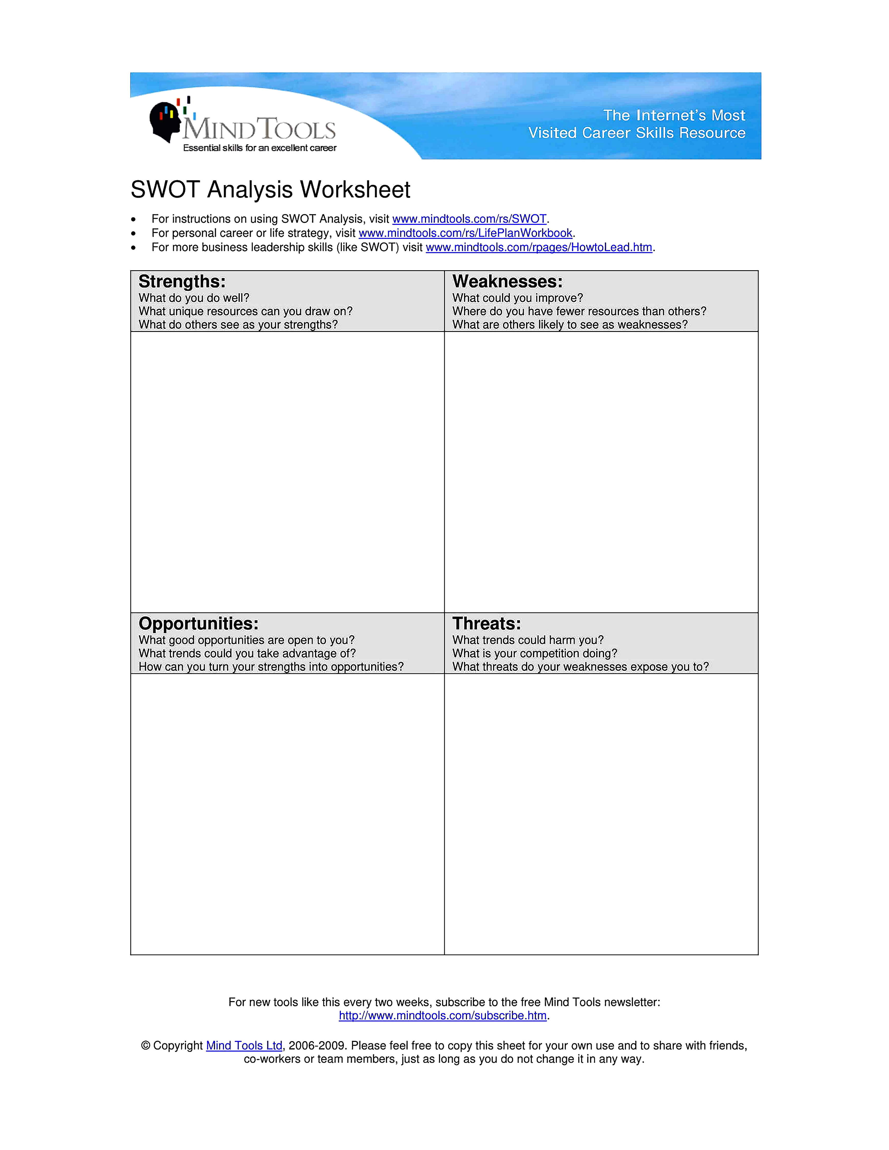 Templates for SWOT Analysis Worksheet Sample