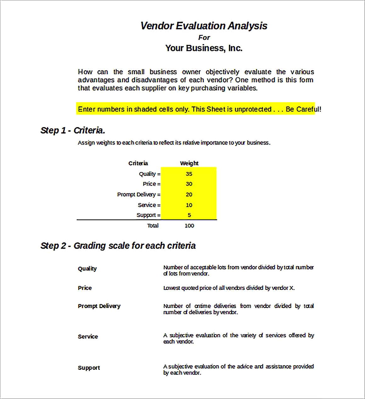 Templates for Vendor Evaluation Analysis Excel Format Sample