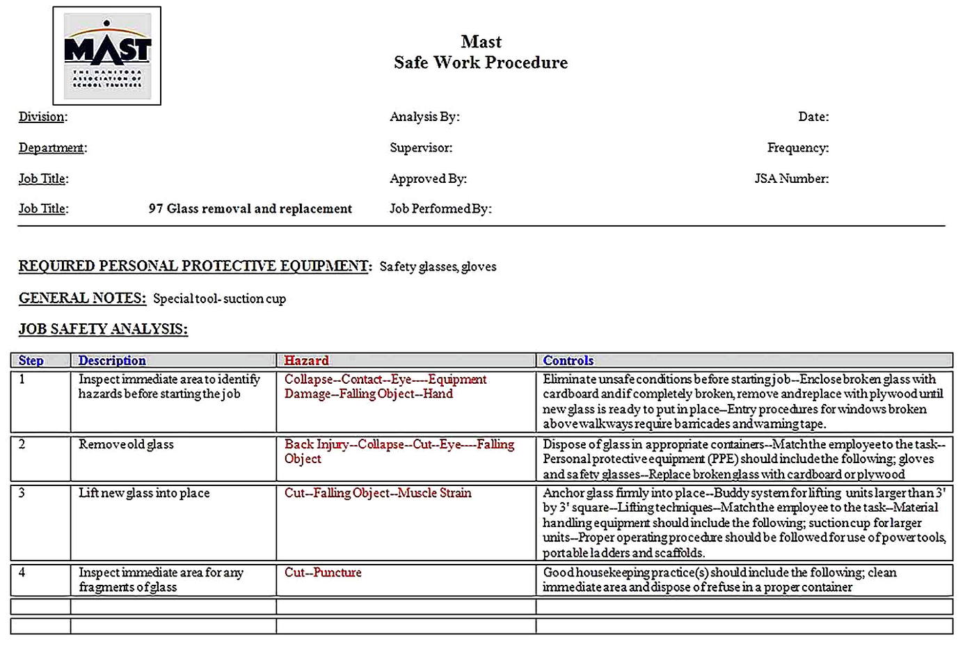Templates for job Safety Analysis For School Sample