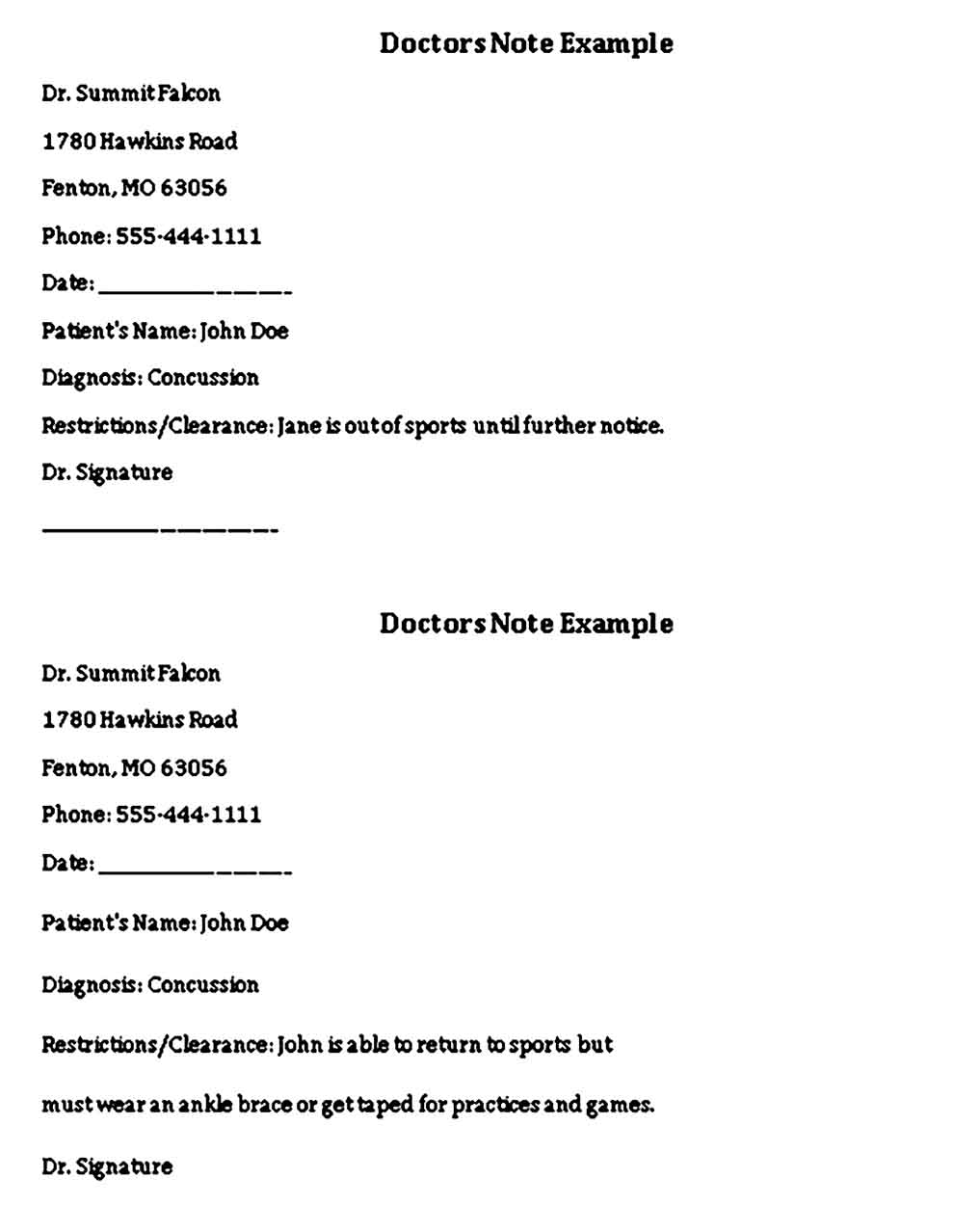 doctors note template example