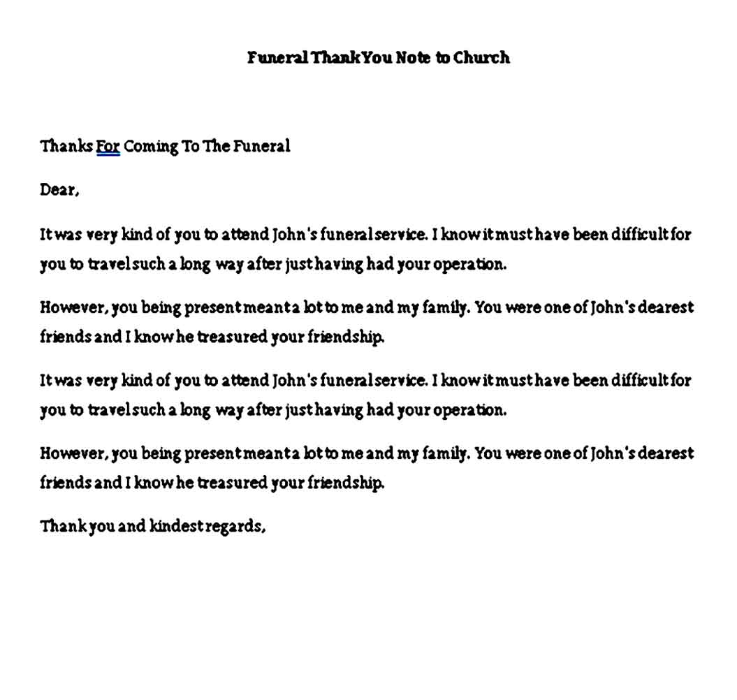 funeral thank you note to church