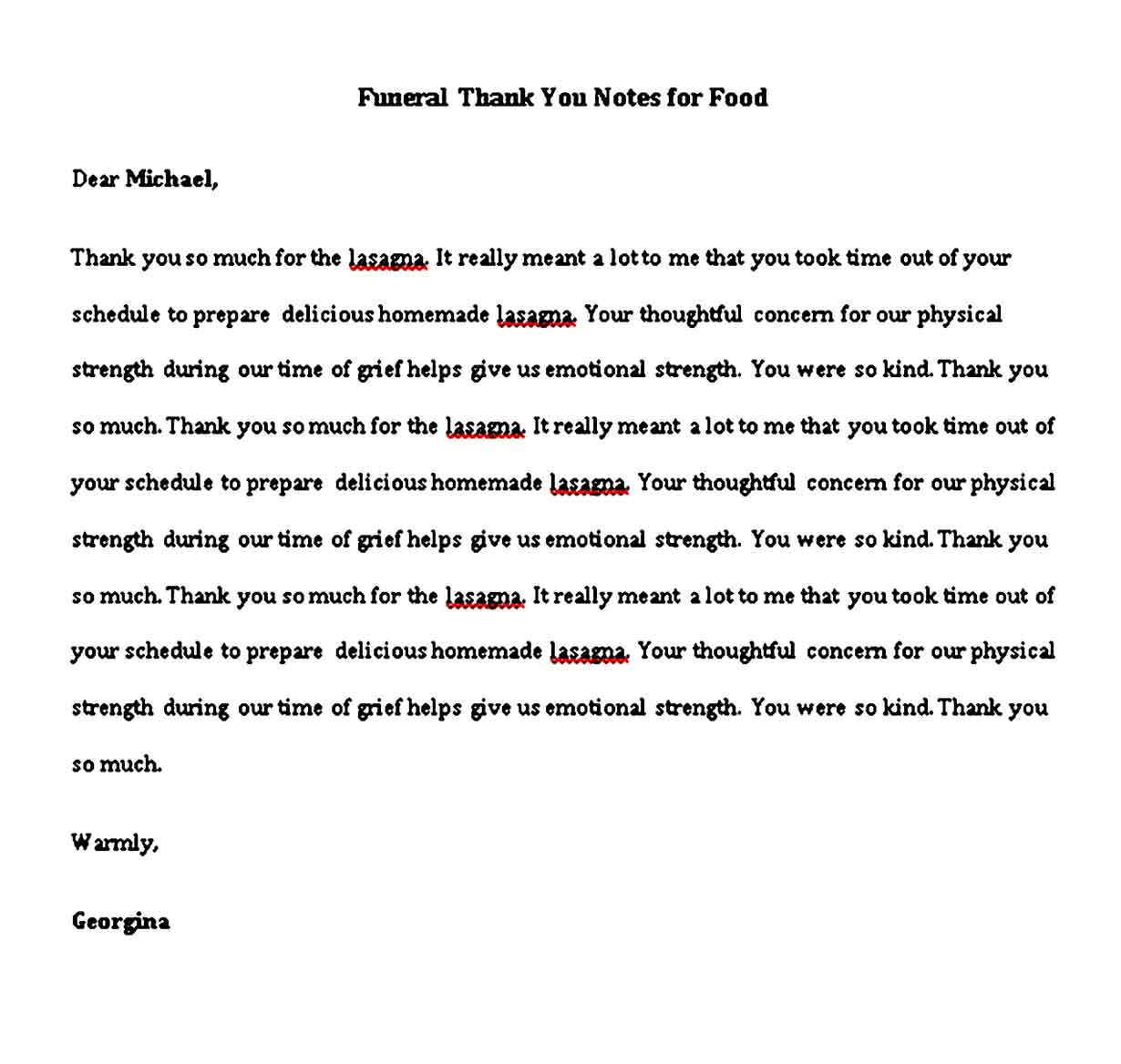 funeral thank you notes for food