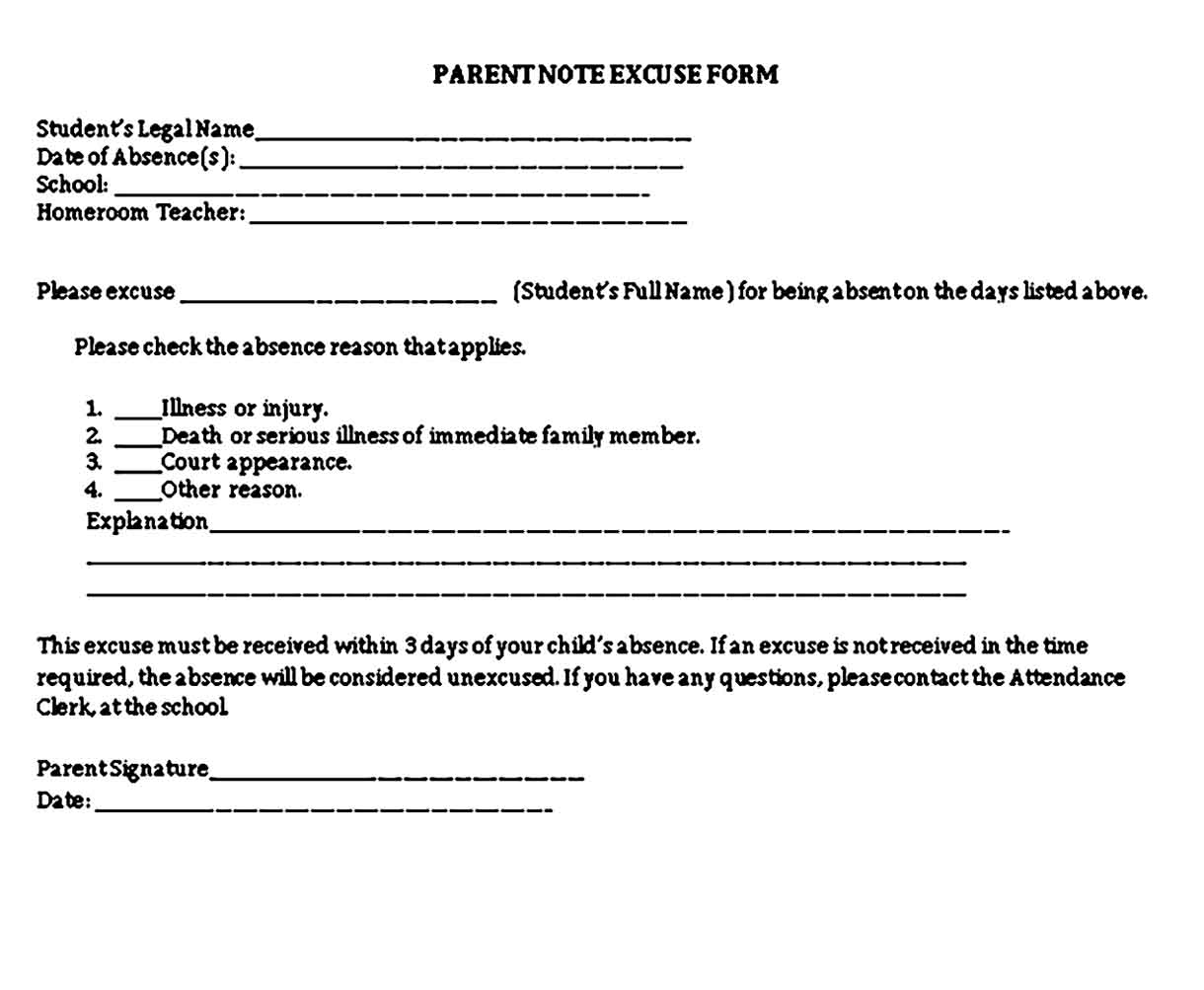 parent note excuse form template