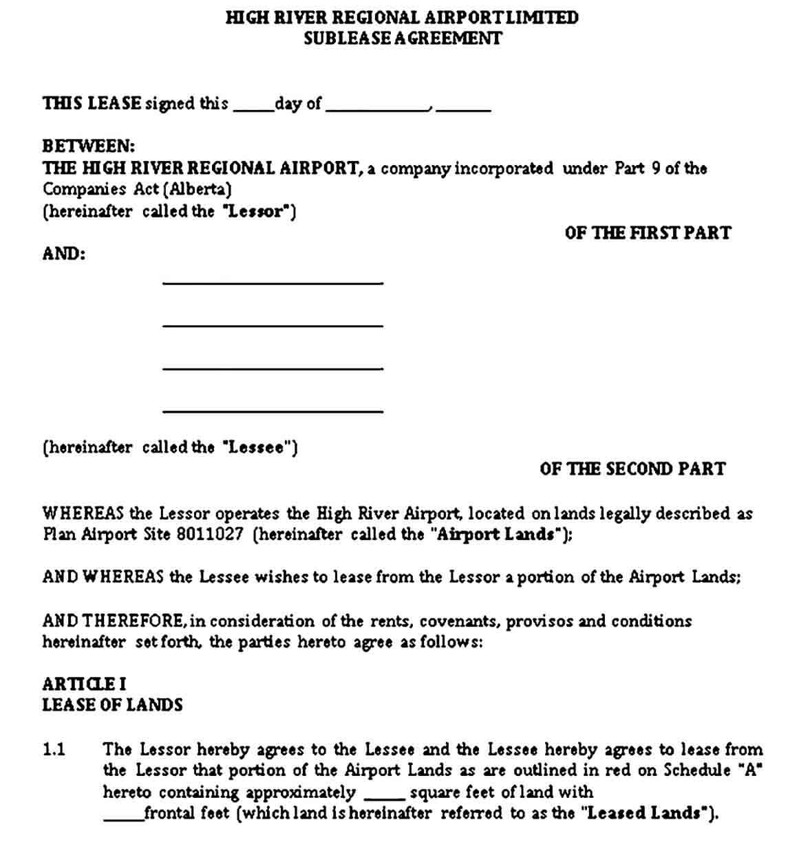 Airport Sublease Agreement Template