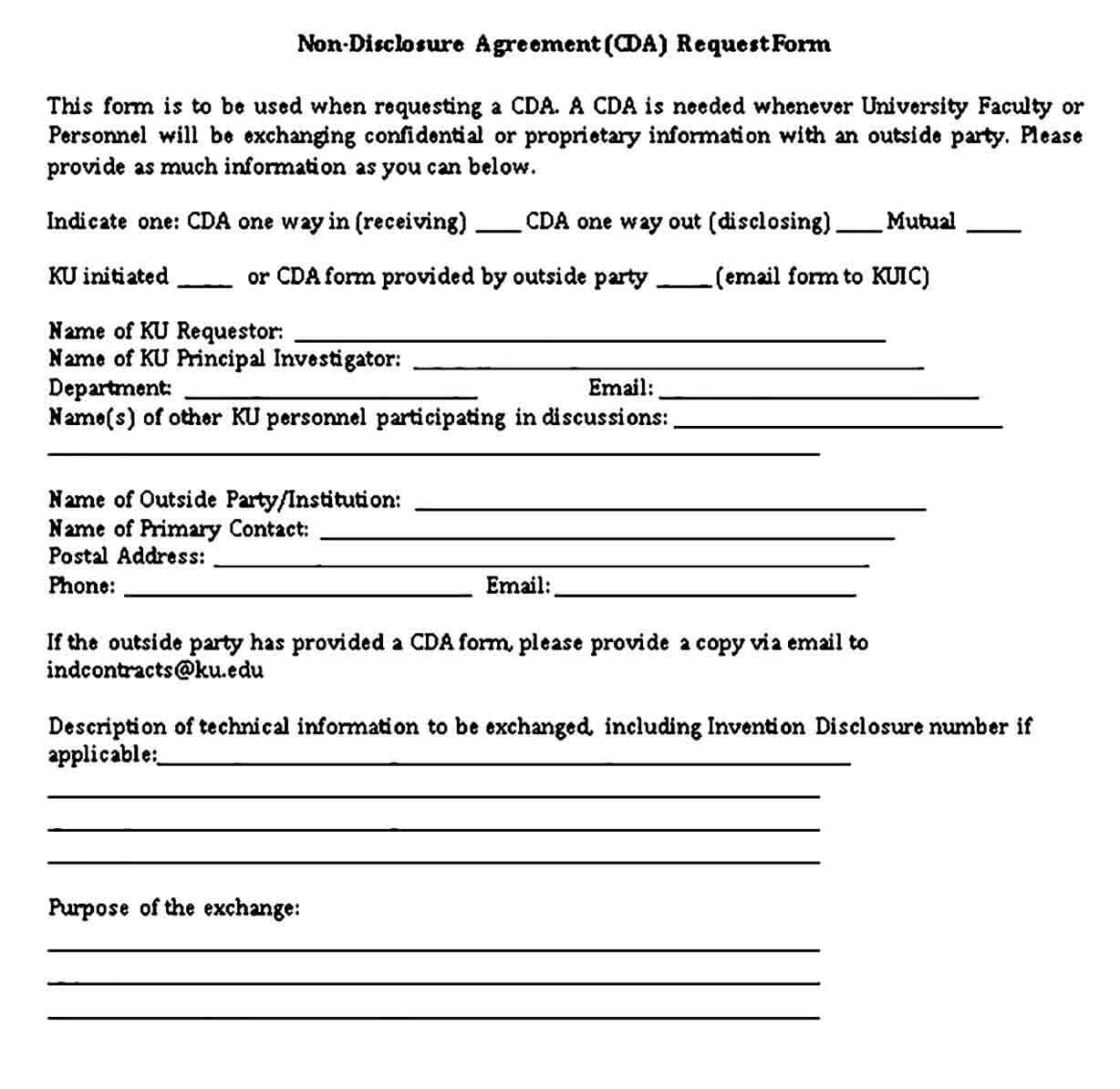 Blank Non Disclosure Agreement Request Form