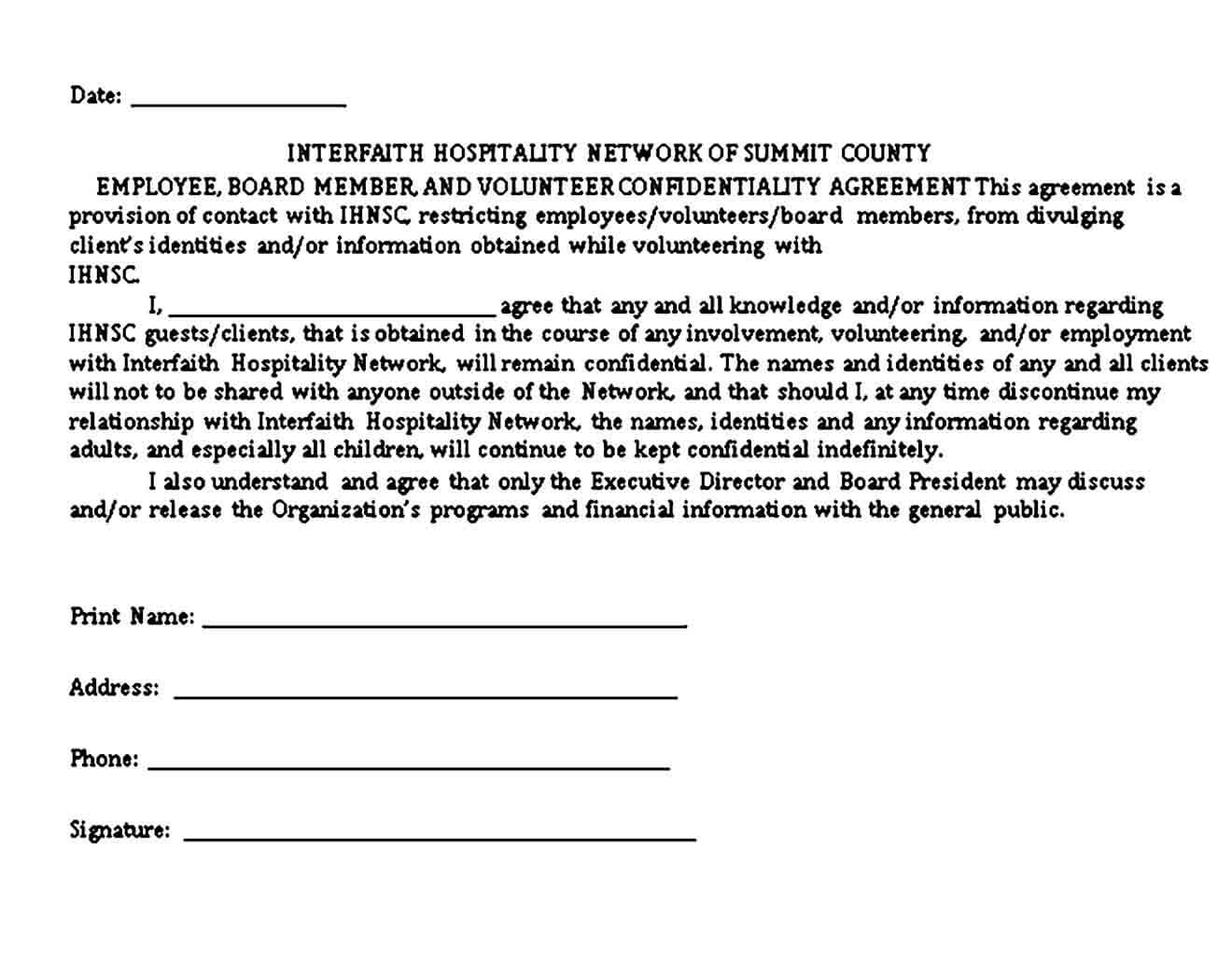 Confidentiality Agreement for Volunteers and Employees