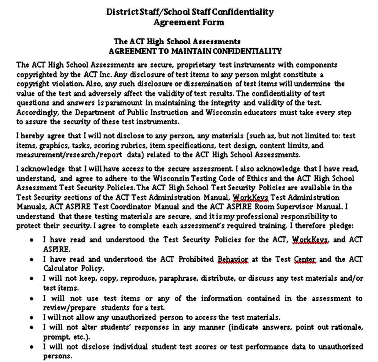 District School staff confidentiality Agreement form