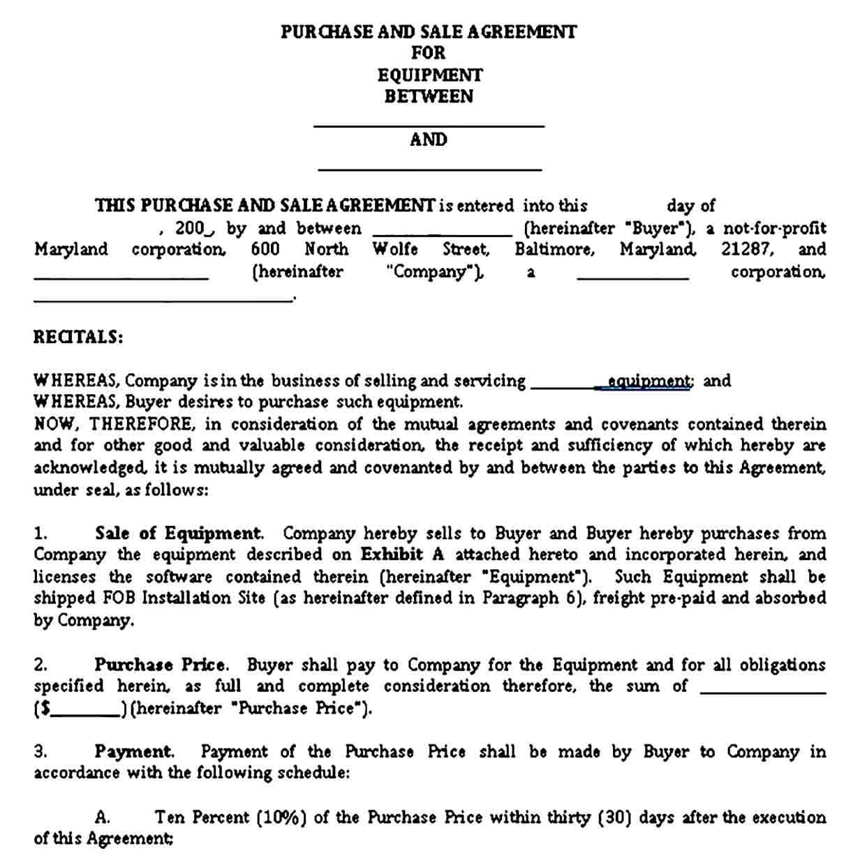 Equipment Purchase Agreement Form