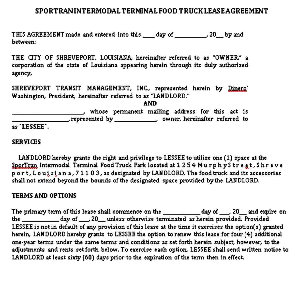 Food Truck Lease Agreement Template