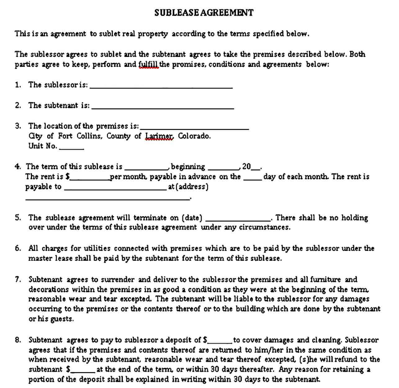 General Sublease Agreement Template
