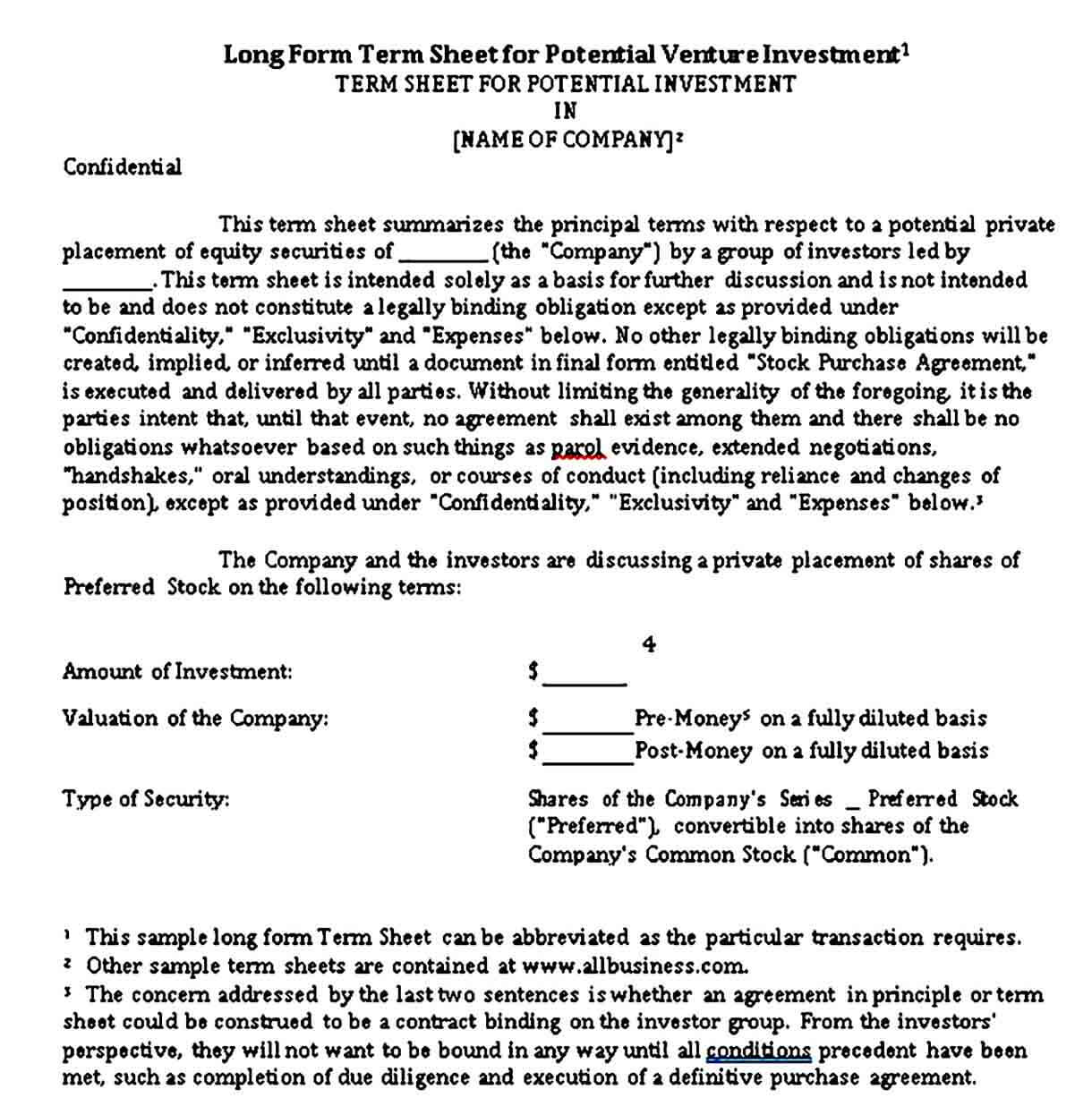 Long Form Venture Capital Investment Agreement Template