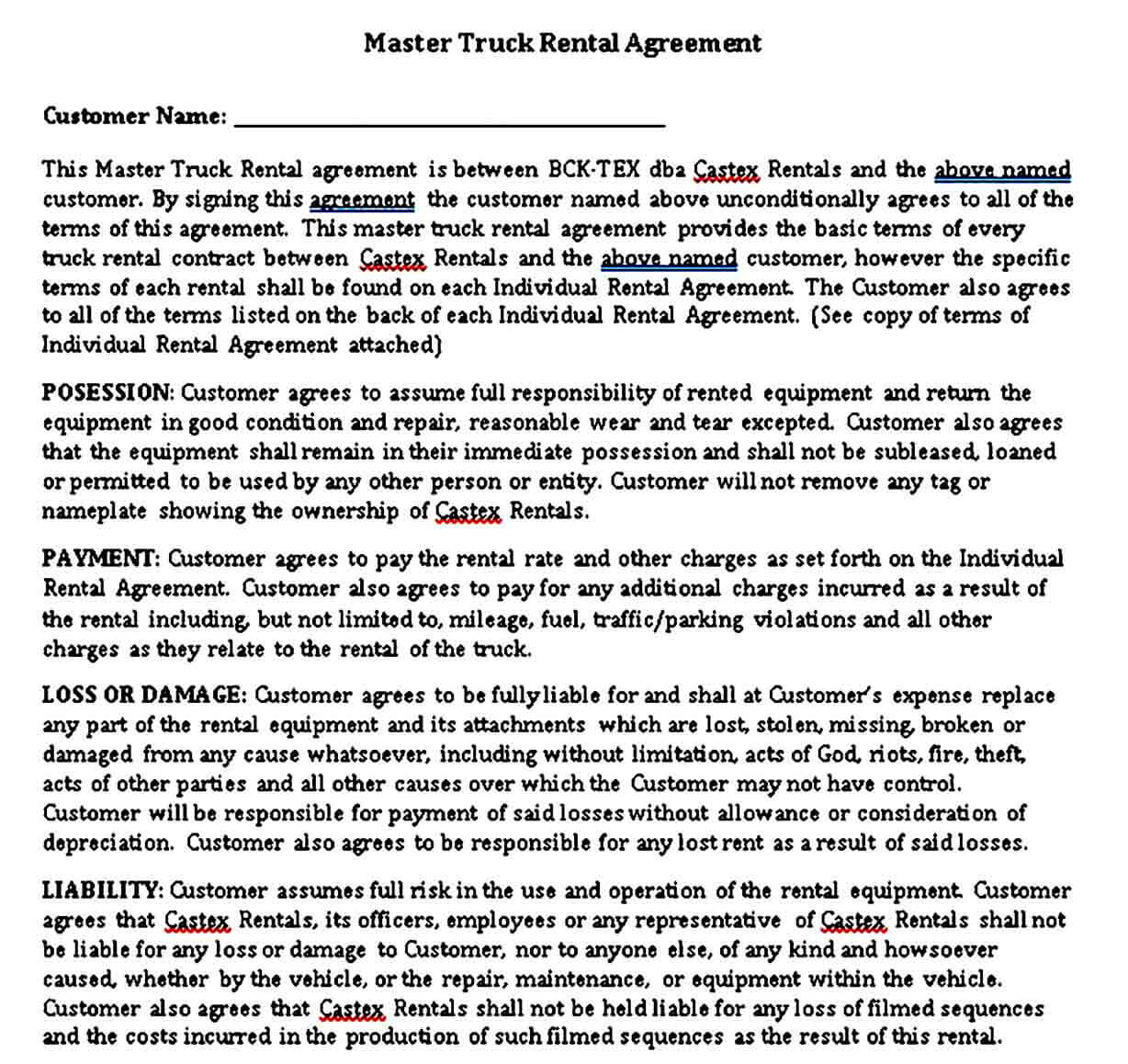 Master Truck Rental Agreement