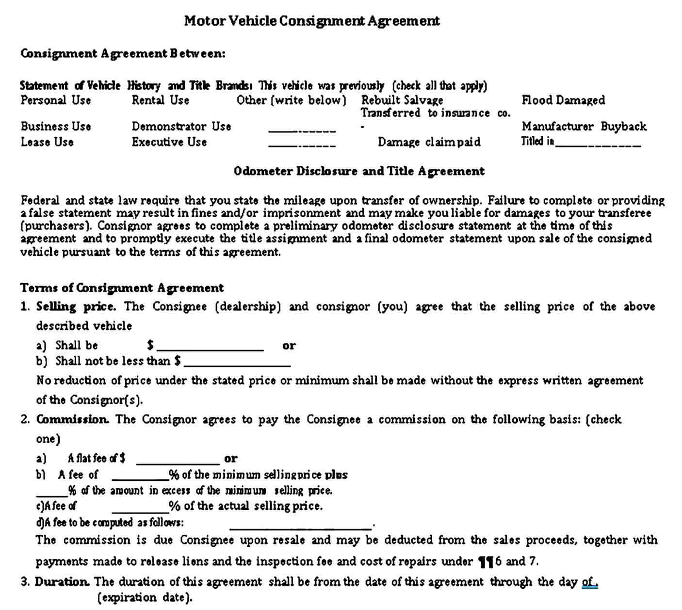 Motor Vehicle Consignment Agreement