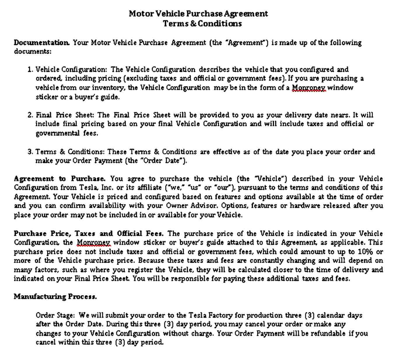 Motor Vehicle Purchase Agreement