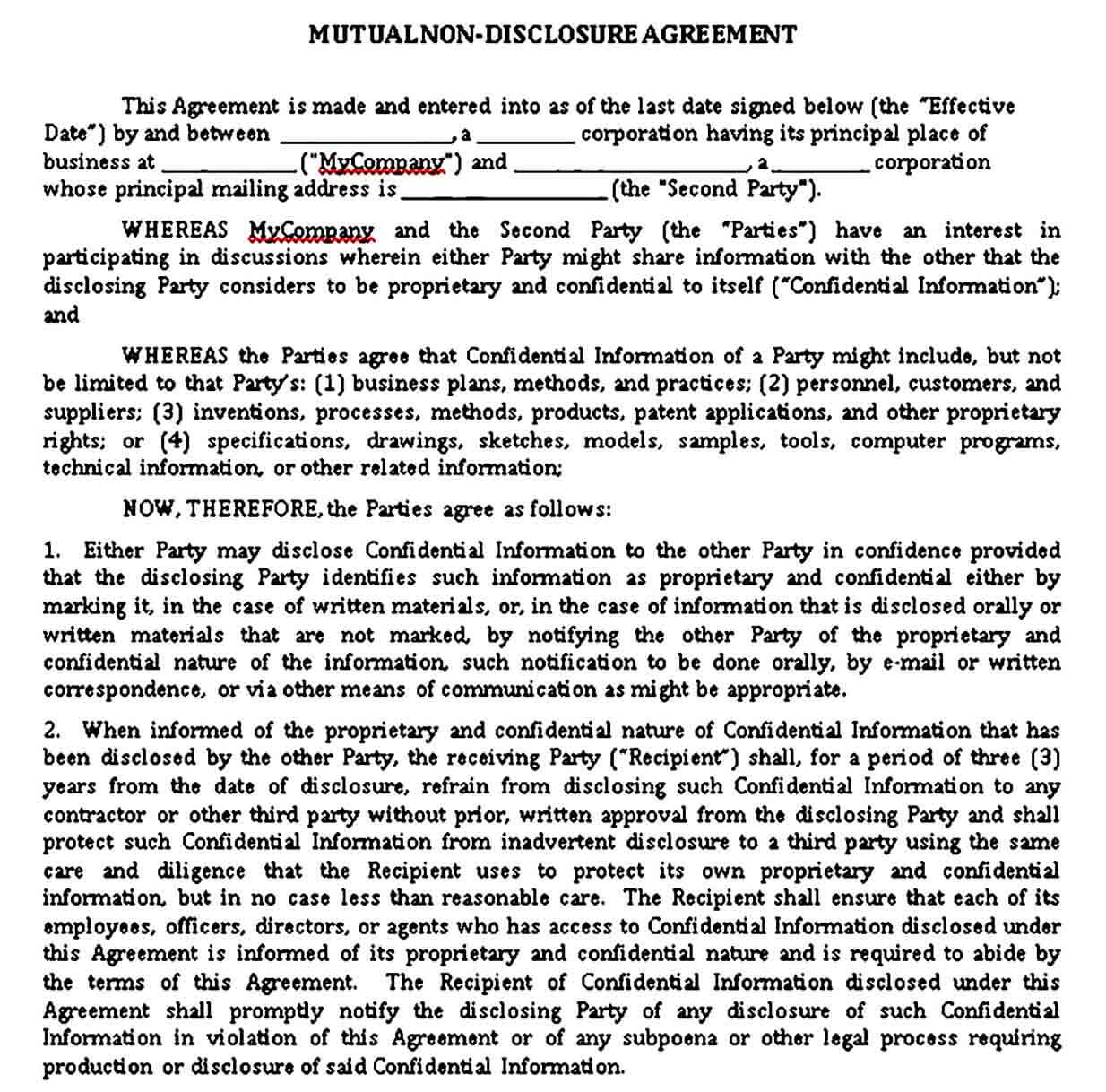 Mutual Standard Non Disclosure Agreement Template Word Doc