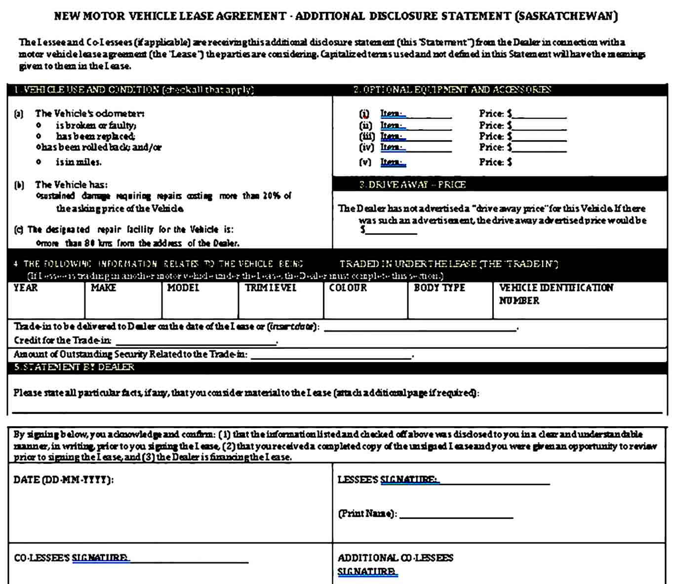 New Motor Vehicle Lease Agreement Template