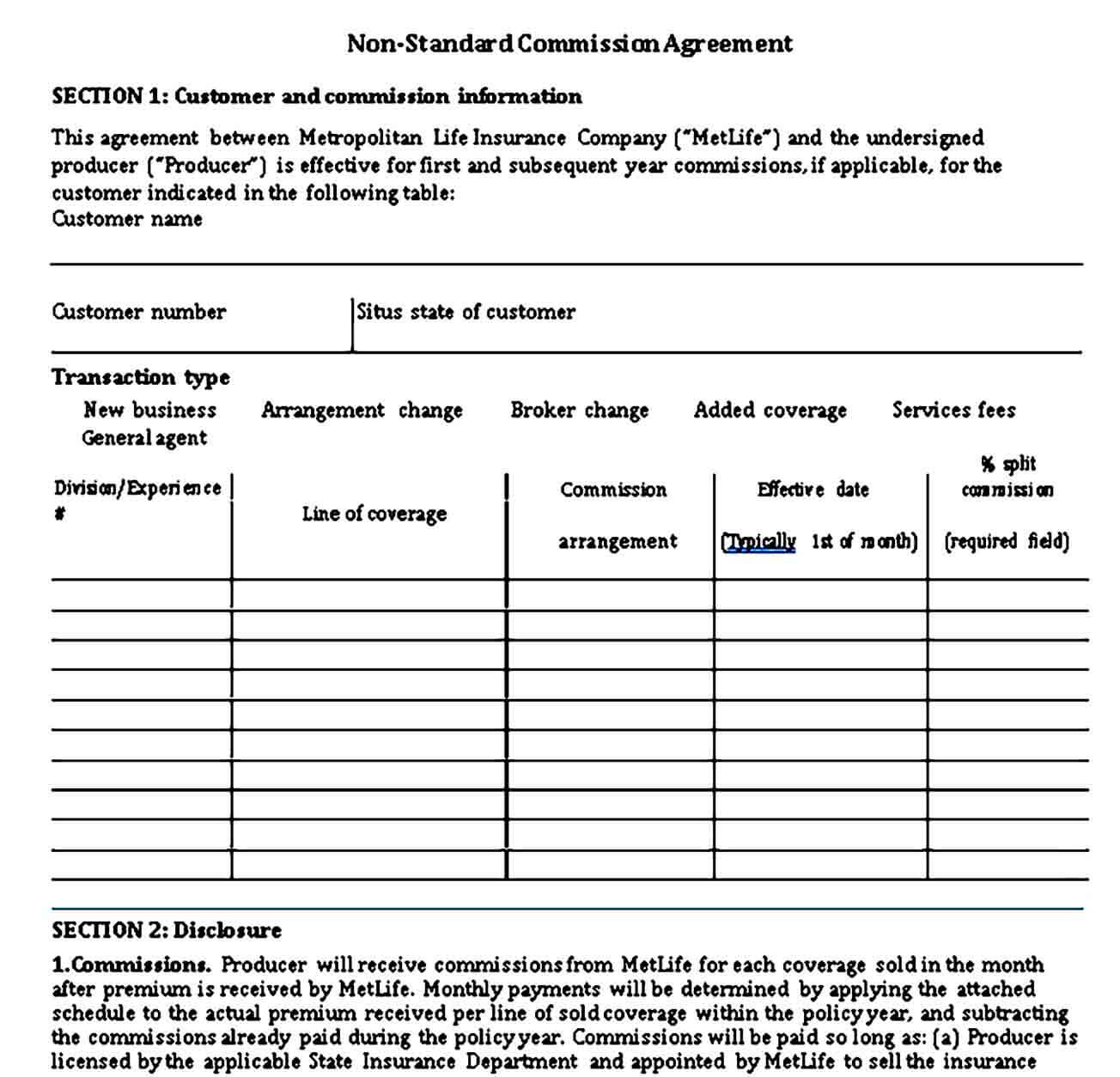 Non Standard Commission Sales Agreement