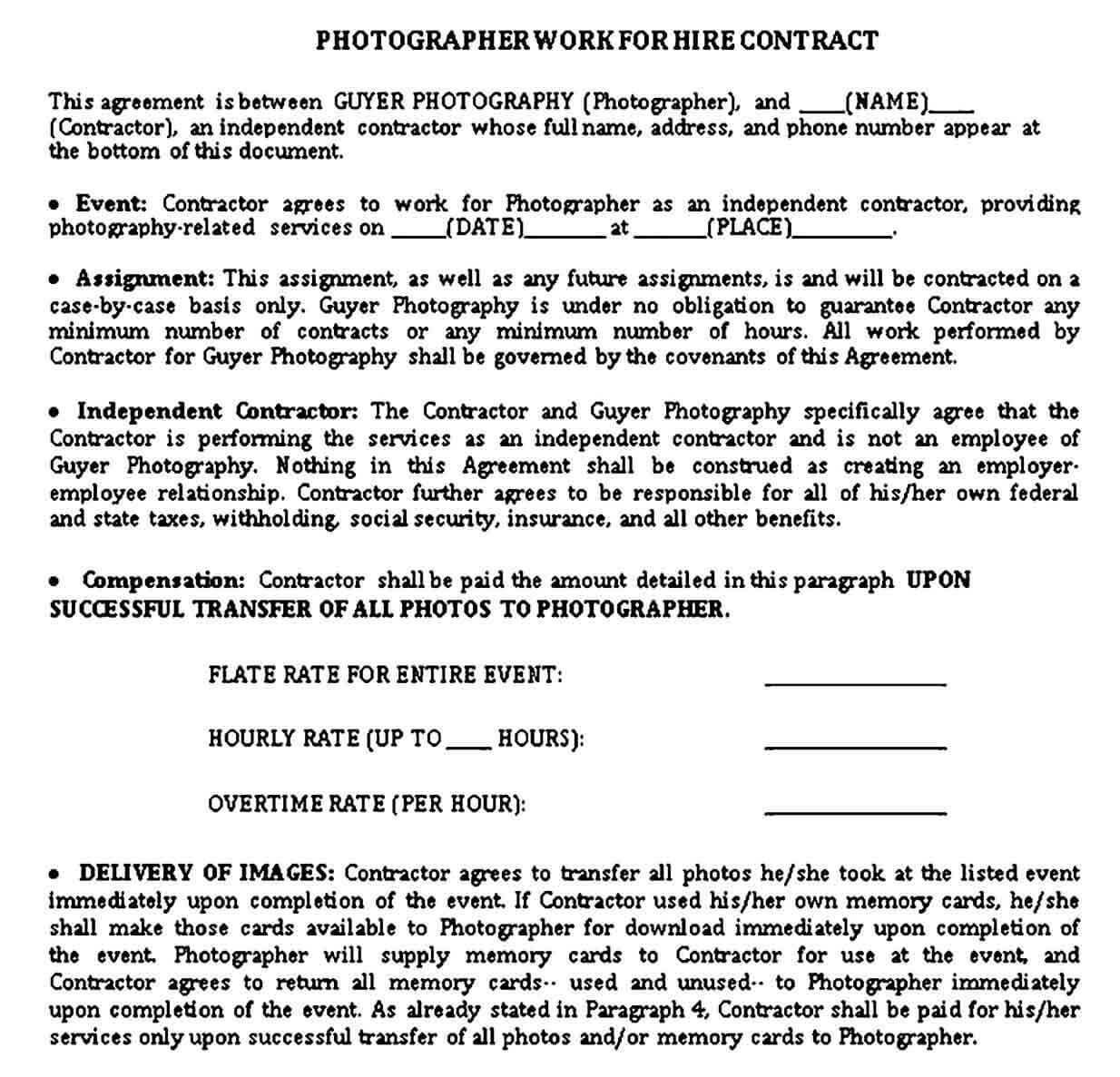 Photographer Work For Hire Agreement