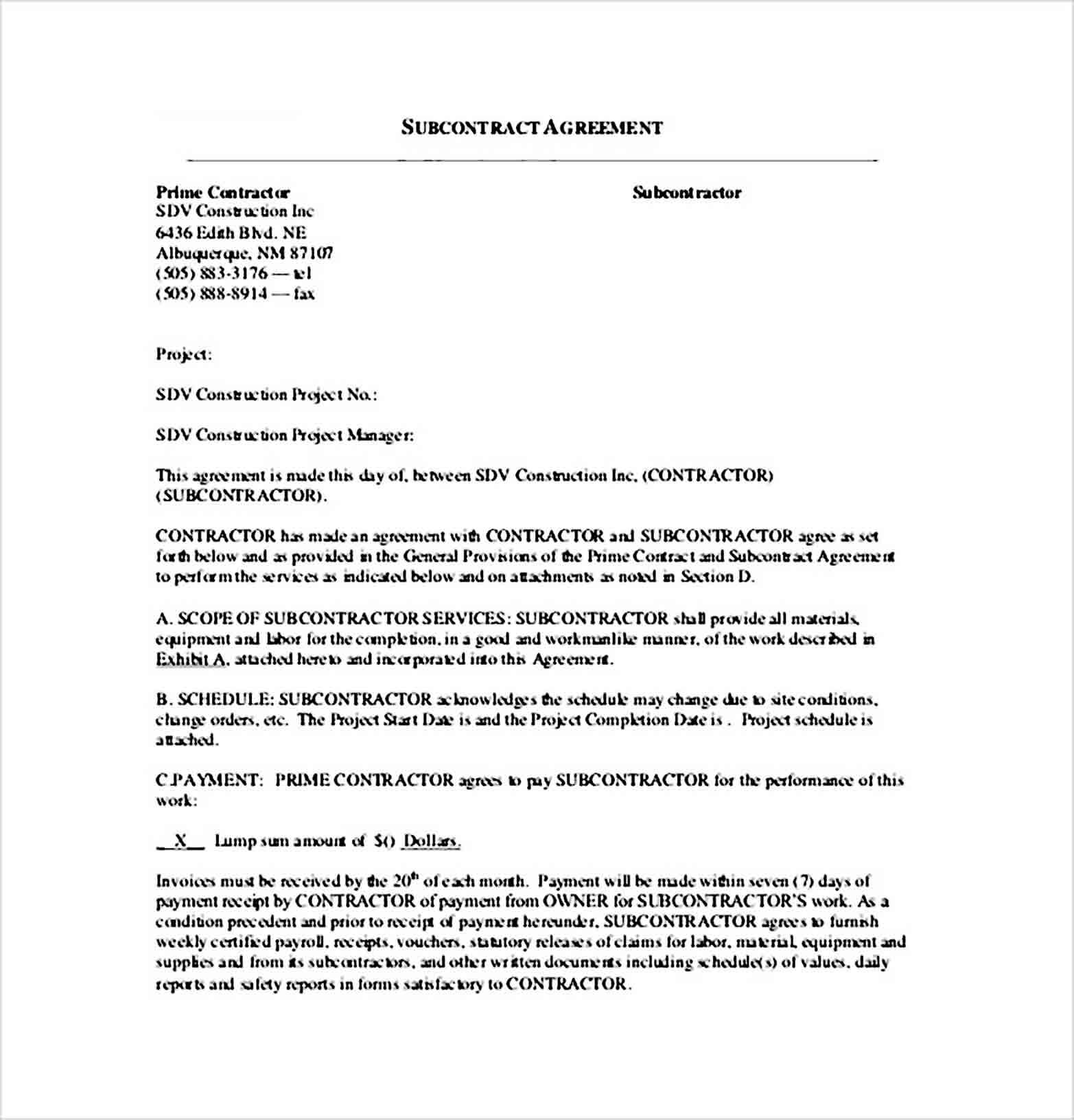 Remodeling Subcontract Agreement form