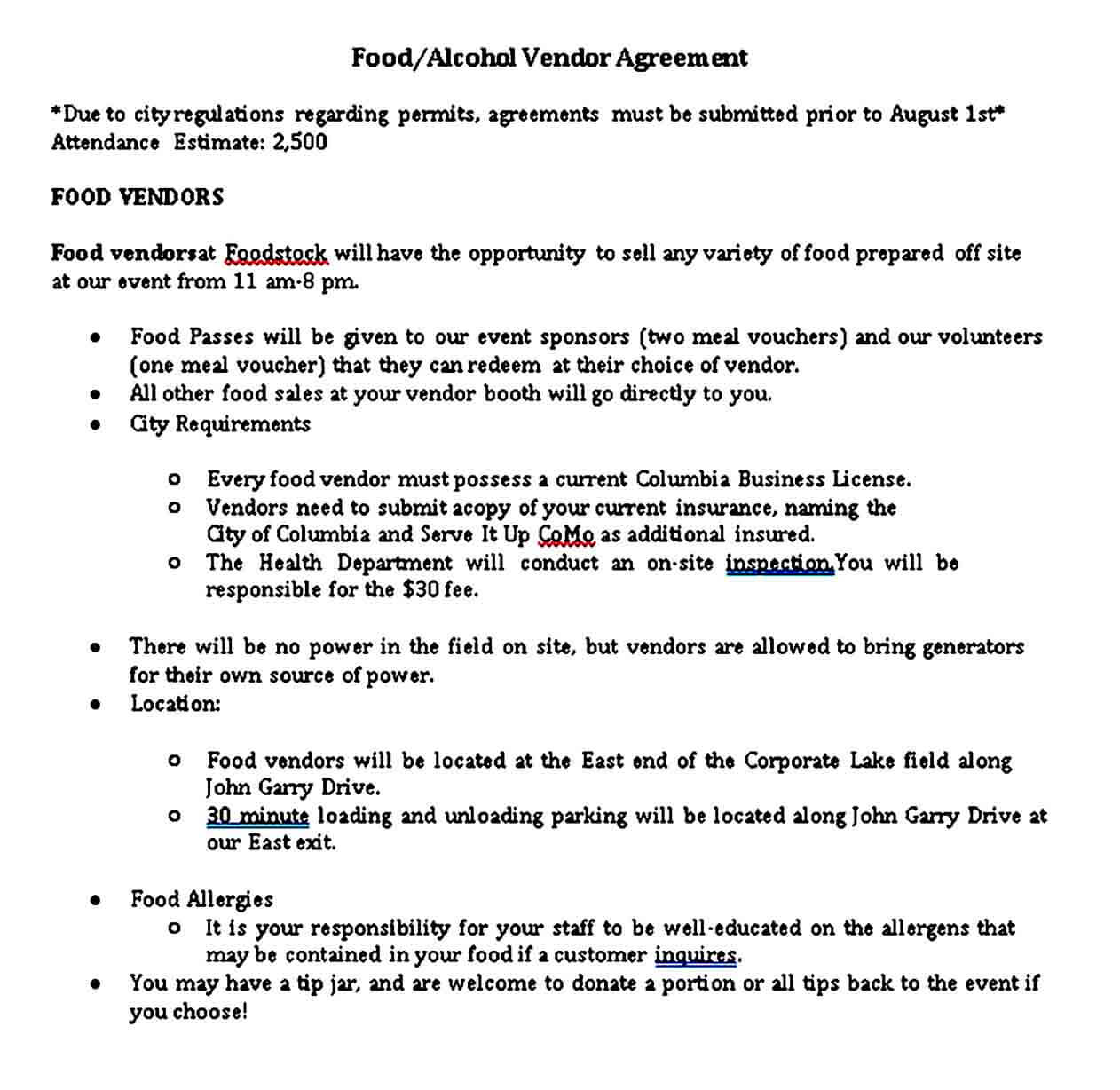Restaurant Food and Alcohol Vendor Agreement