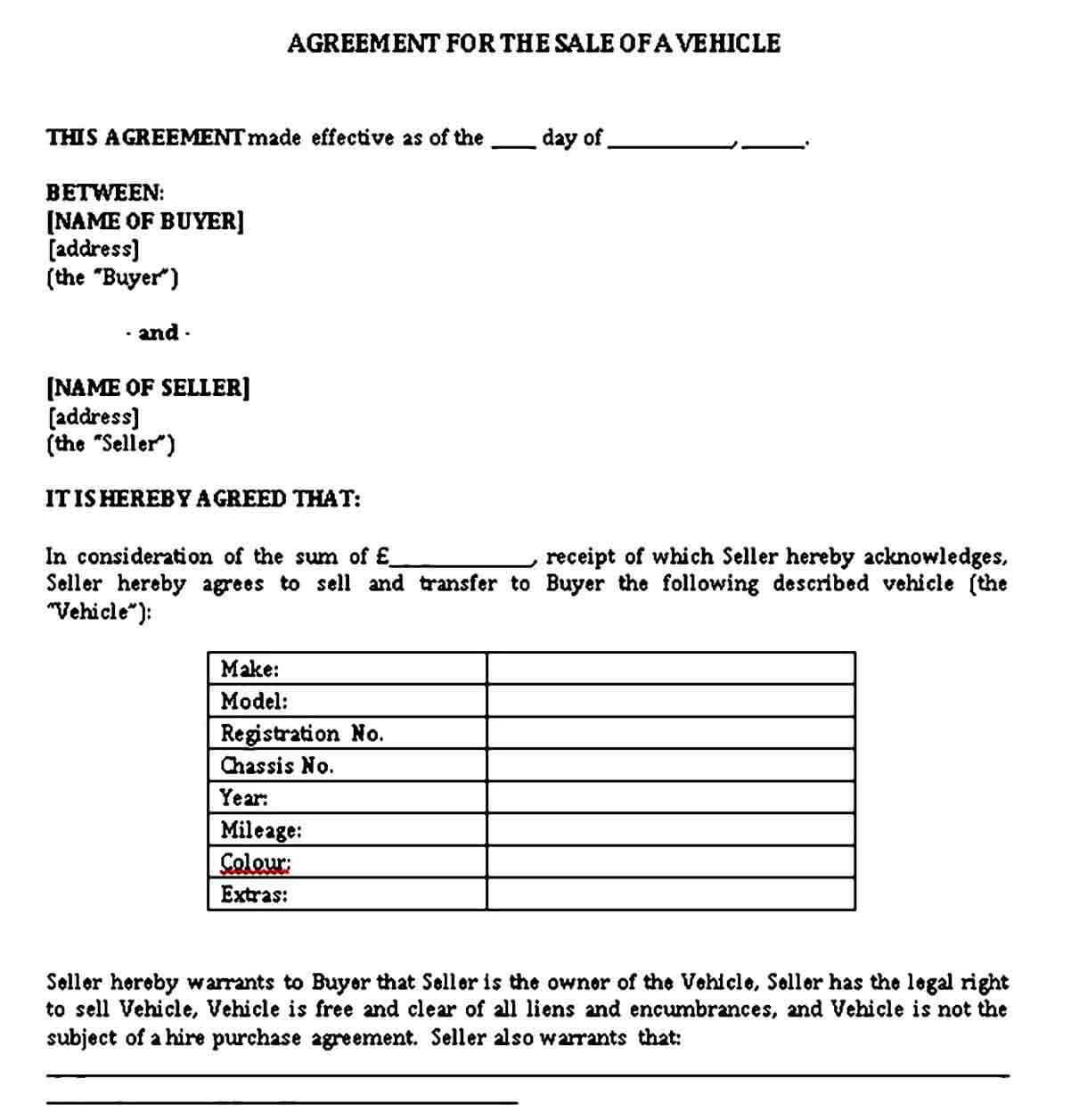 Sample Agreement of Vehicle Sale