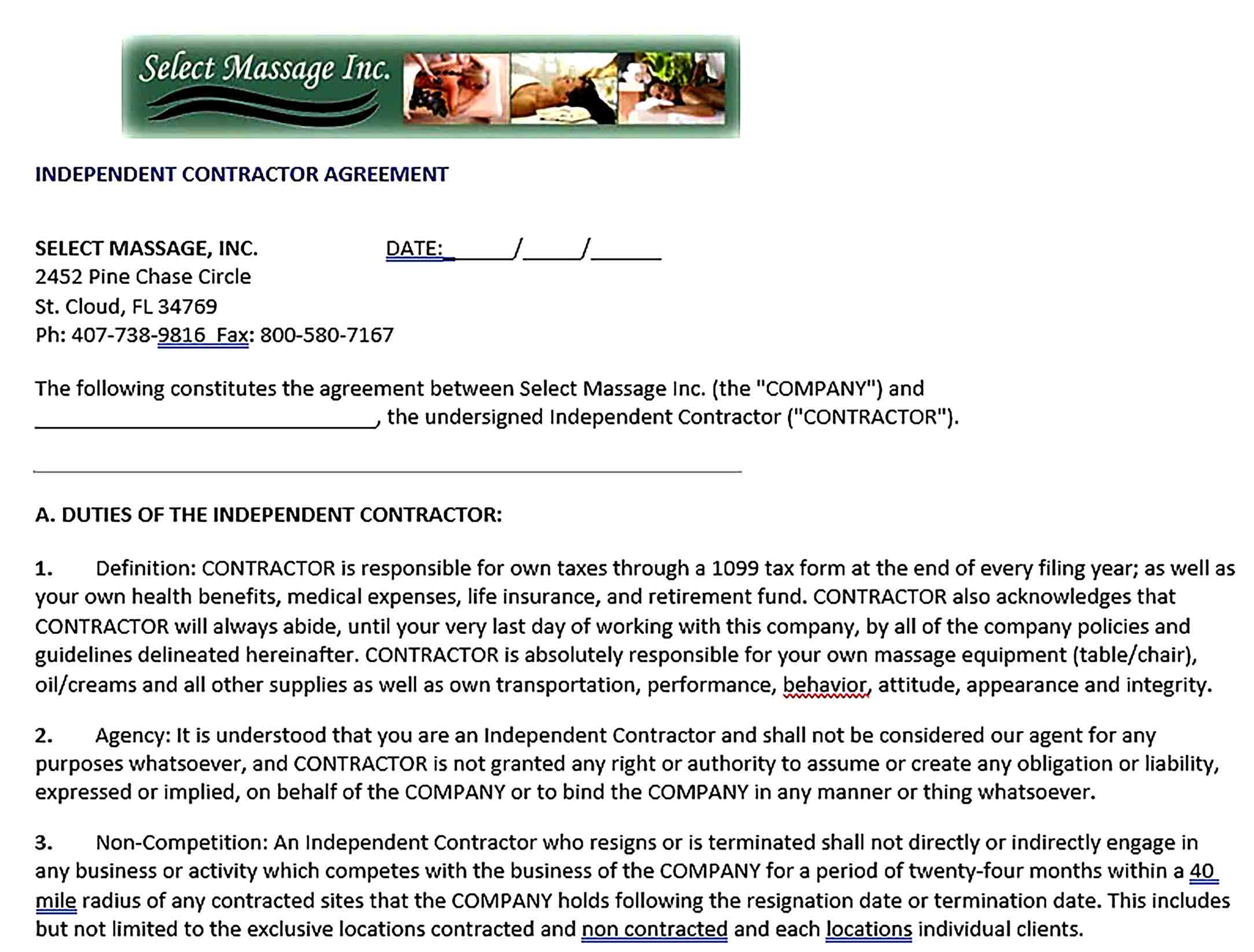 Sample Contractor Non Compete Agreement