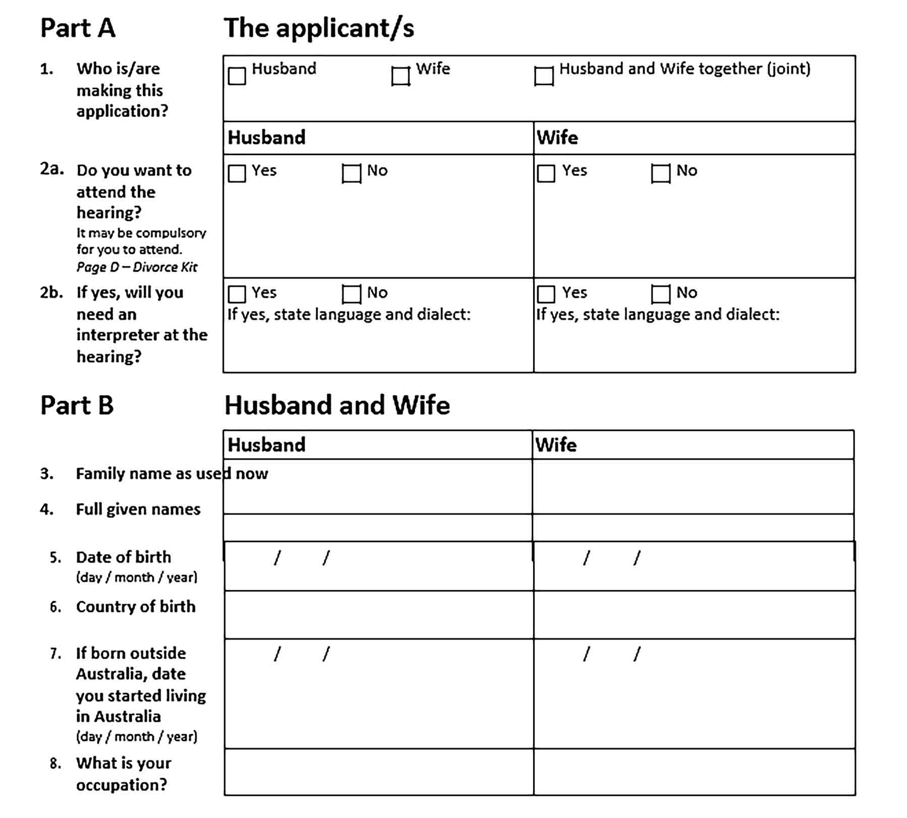 Sample Divorce Application Form Format