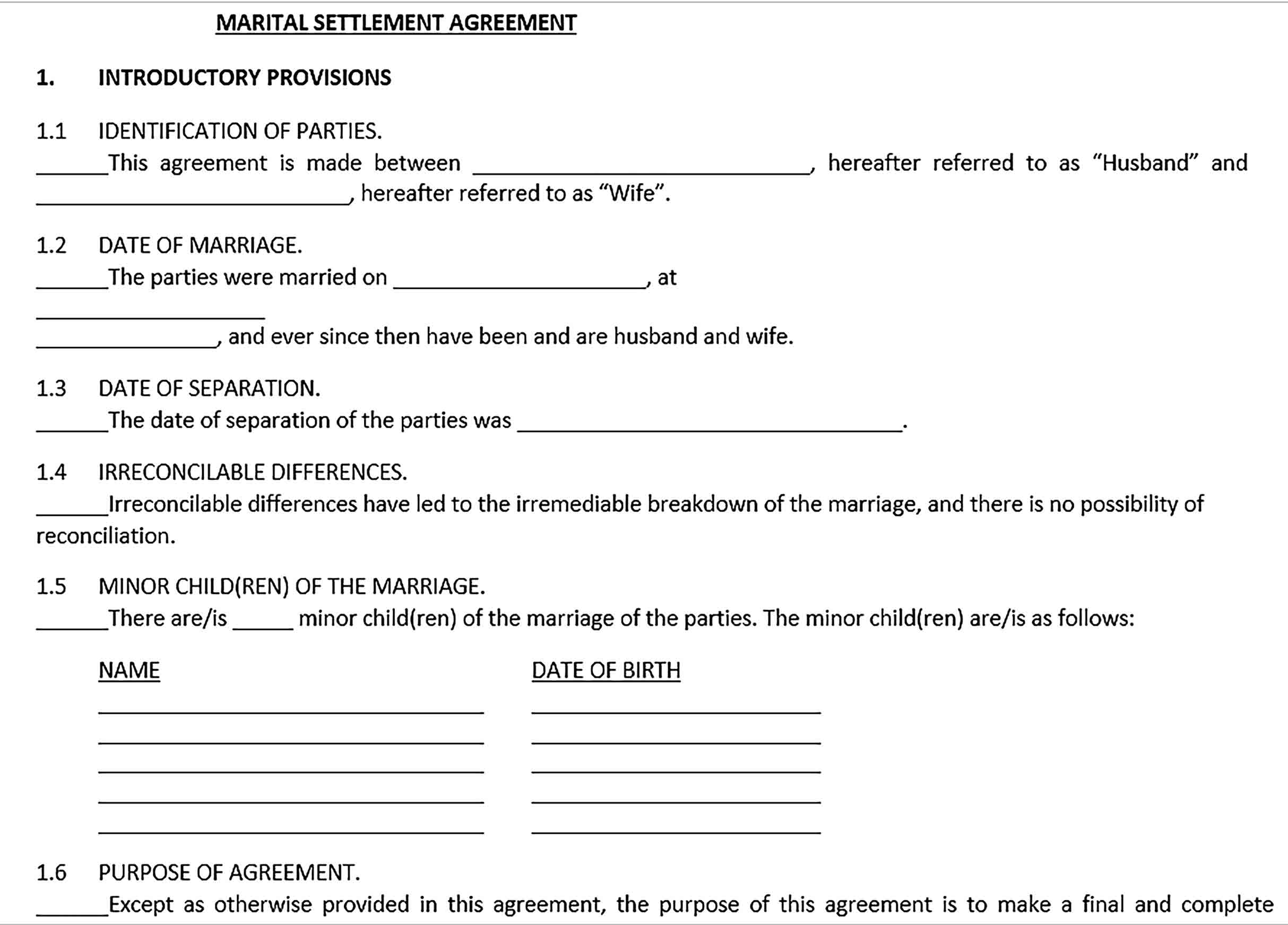 Sample Divorce Settlement Agreement