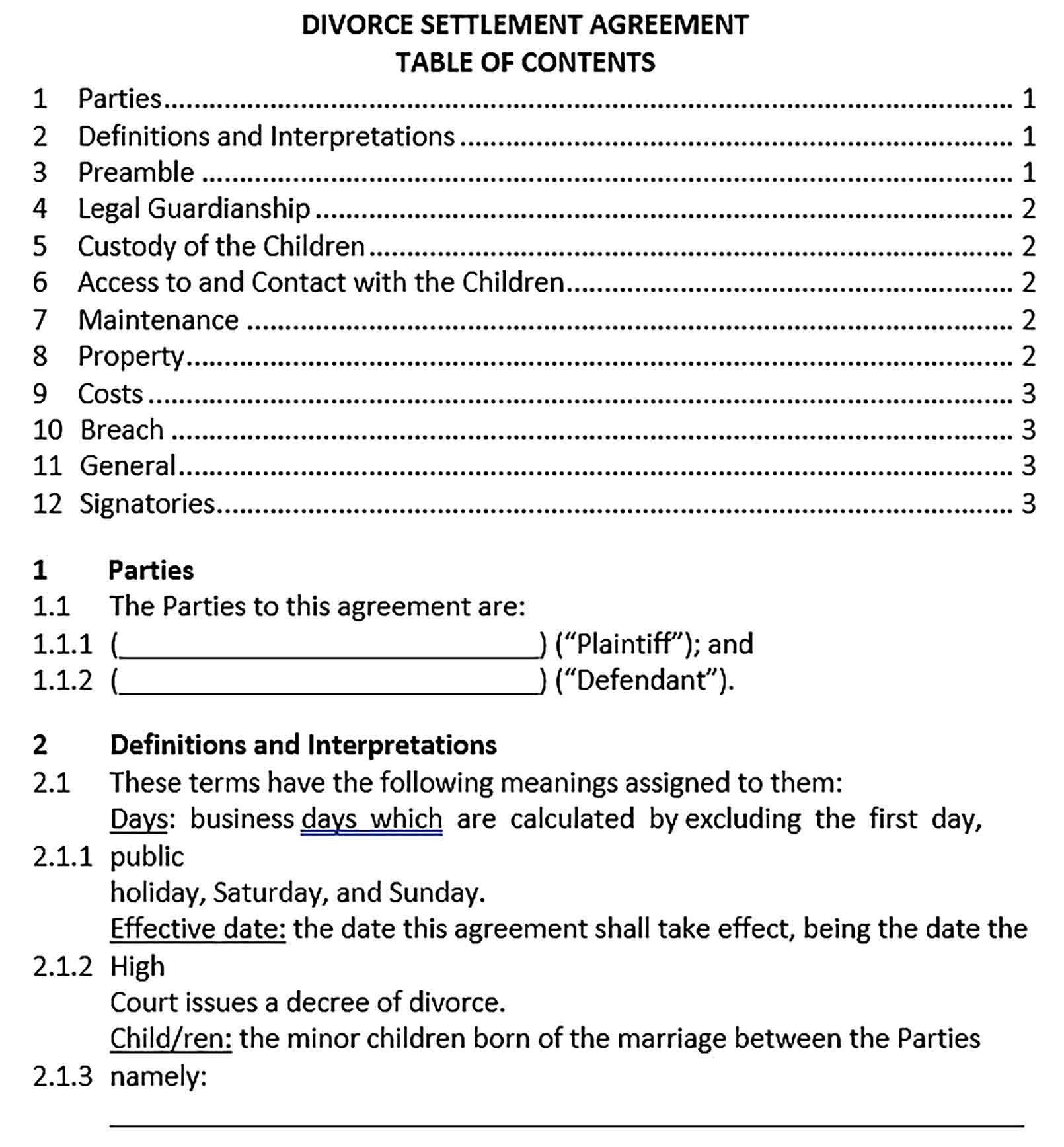Sample Divorce Settlement Agreement Format