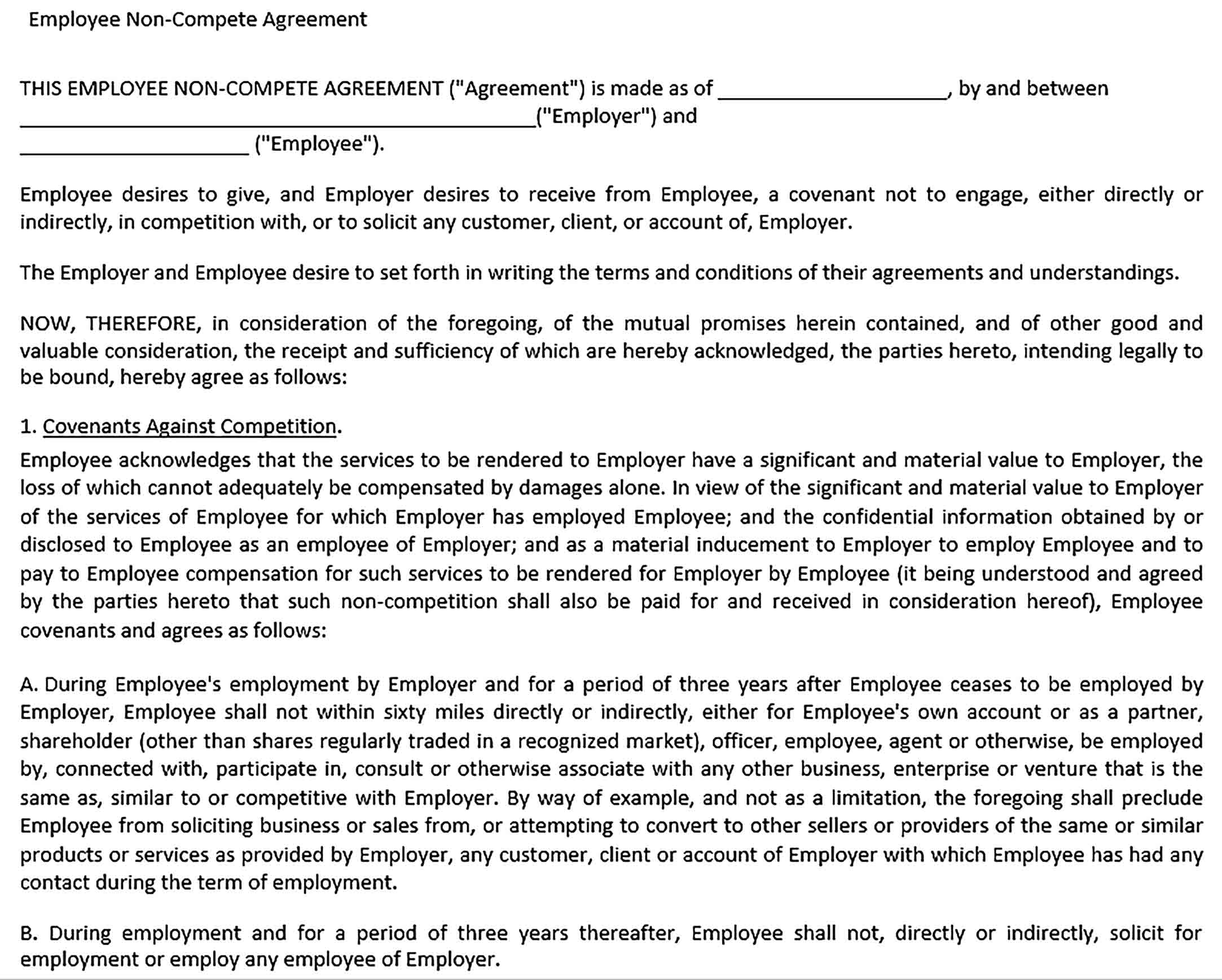 Sample Employee Non Compete Agreement Form
