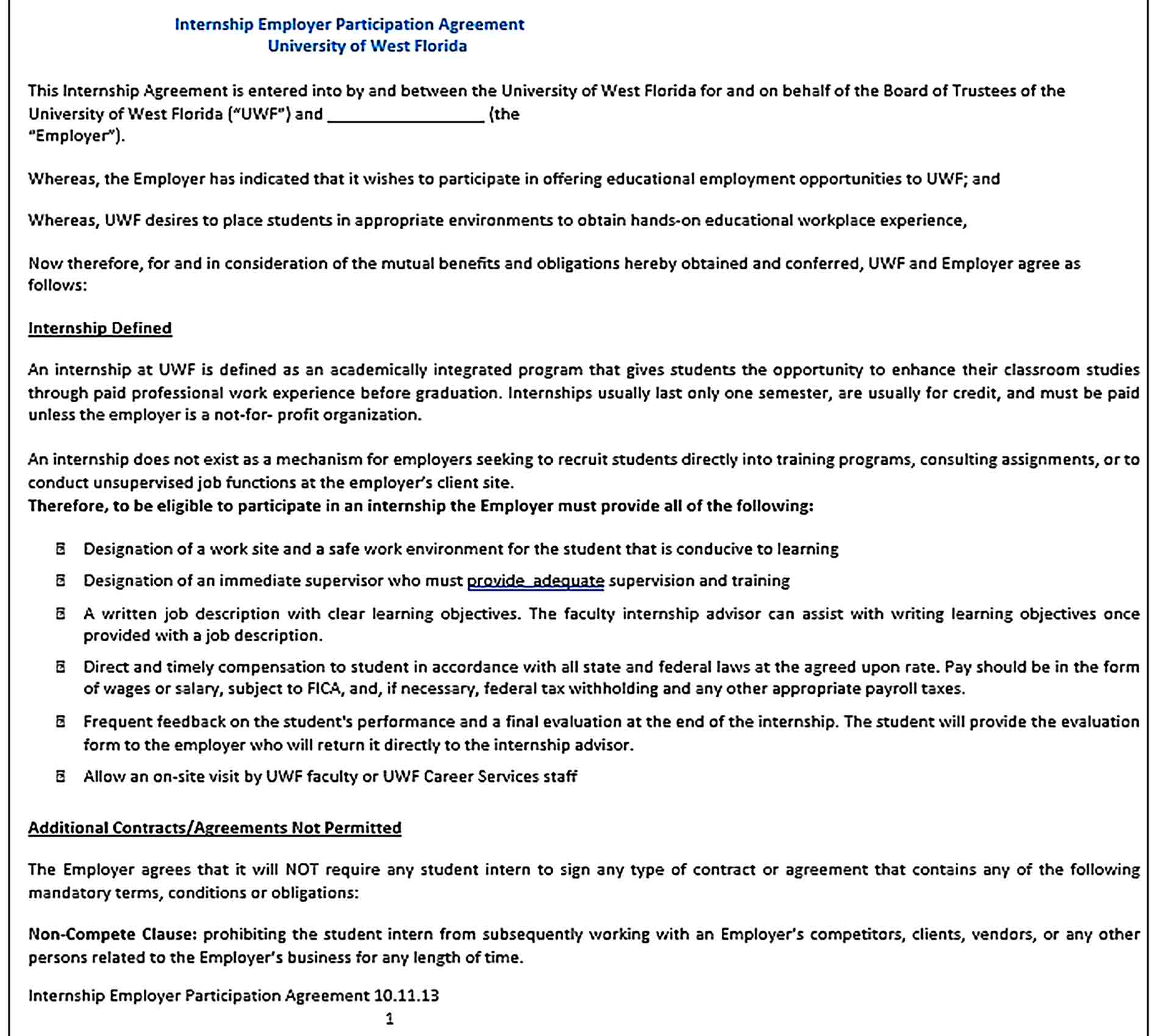 Sample Employer Internship Agreement 001