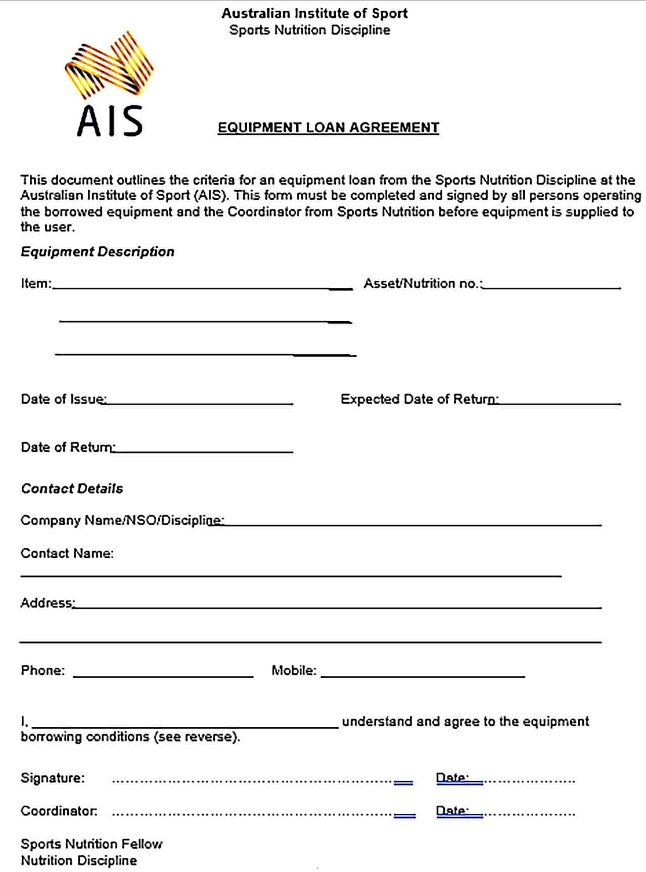 Sample Sports Nutrition Equipment Loan Agreement
