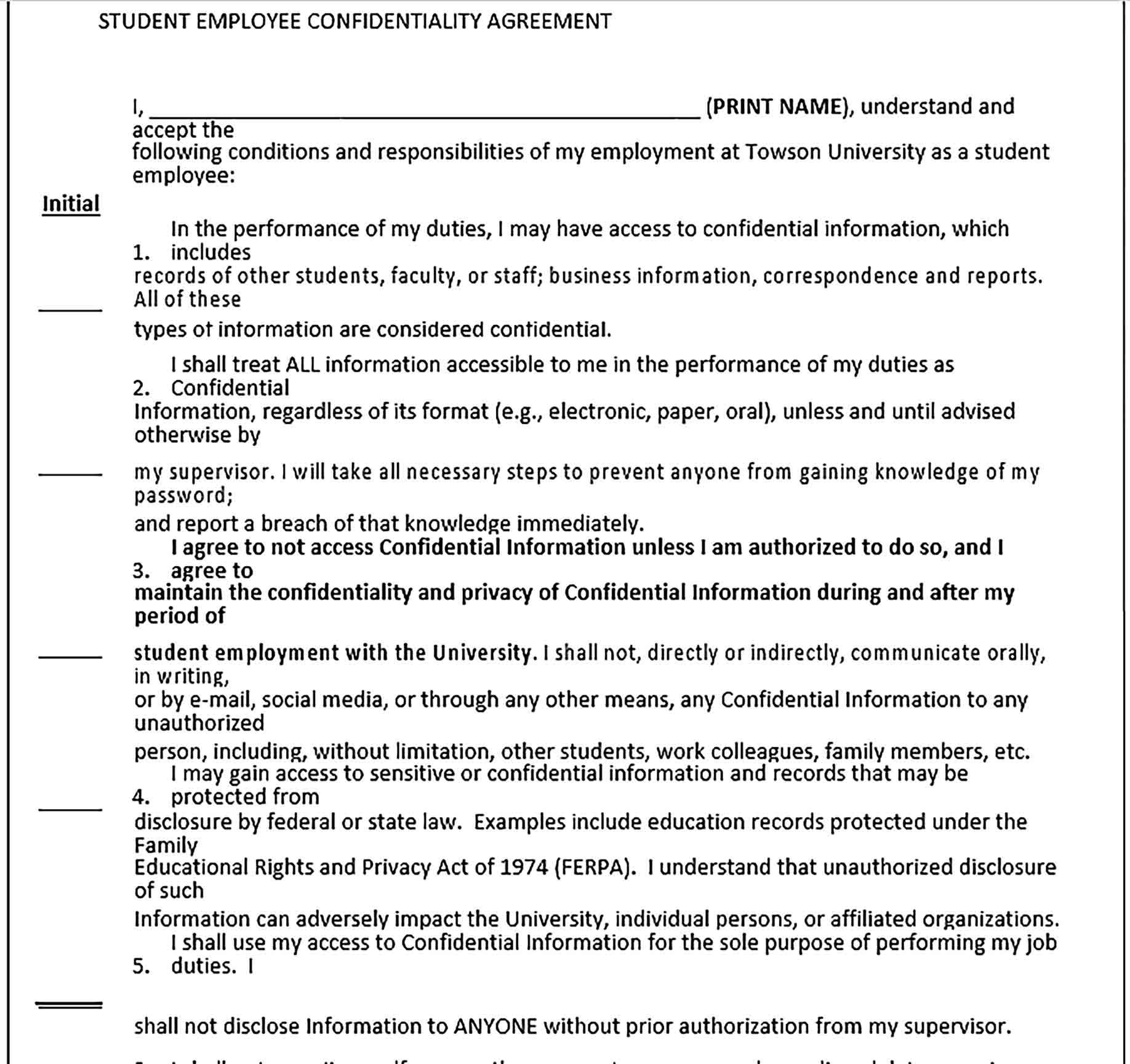 Sample Student Employment Confidentiality Agreement