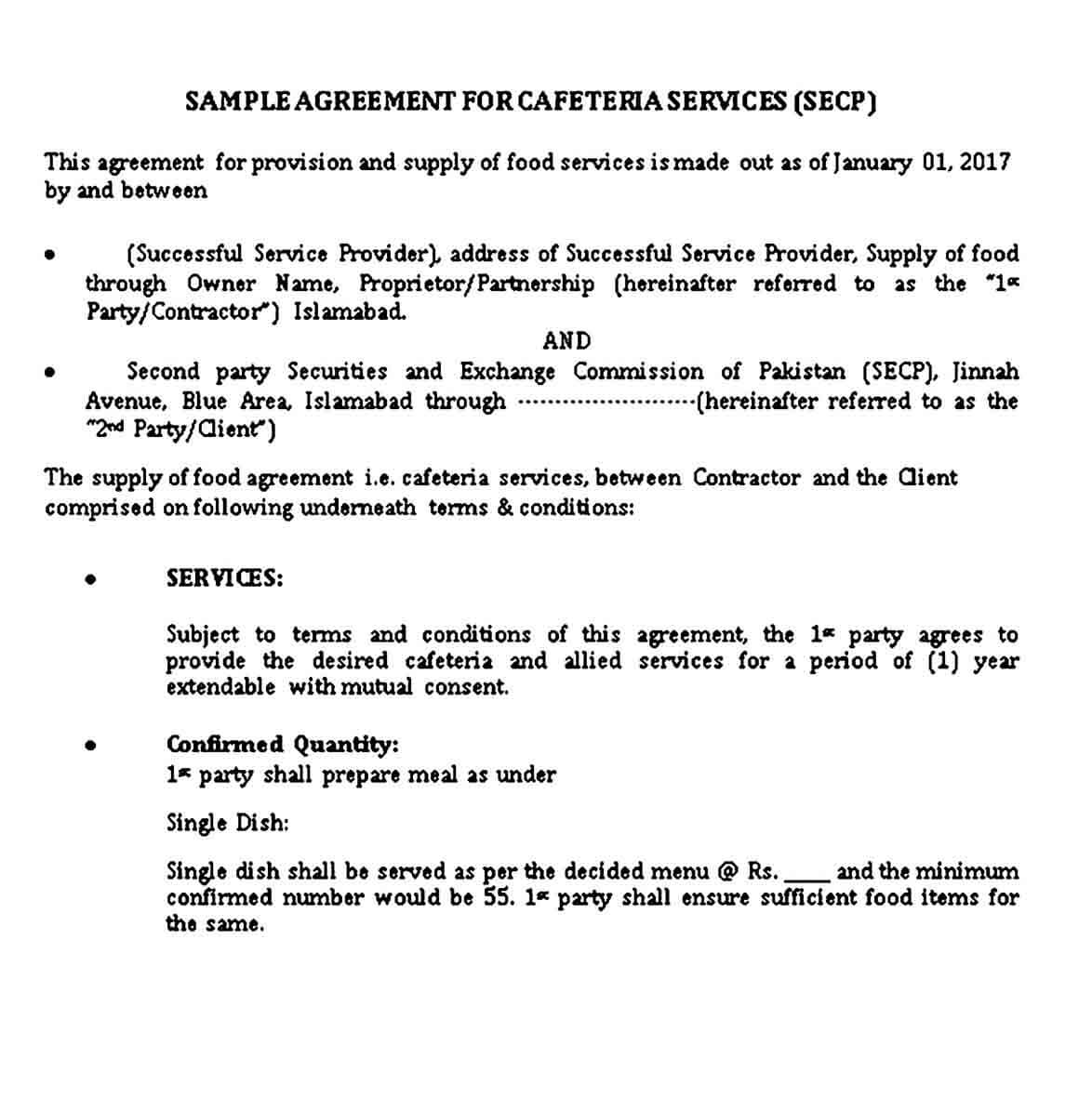 Sample Vendor Agreement for Cafeterias