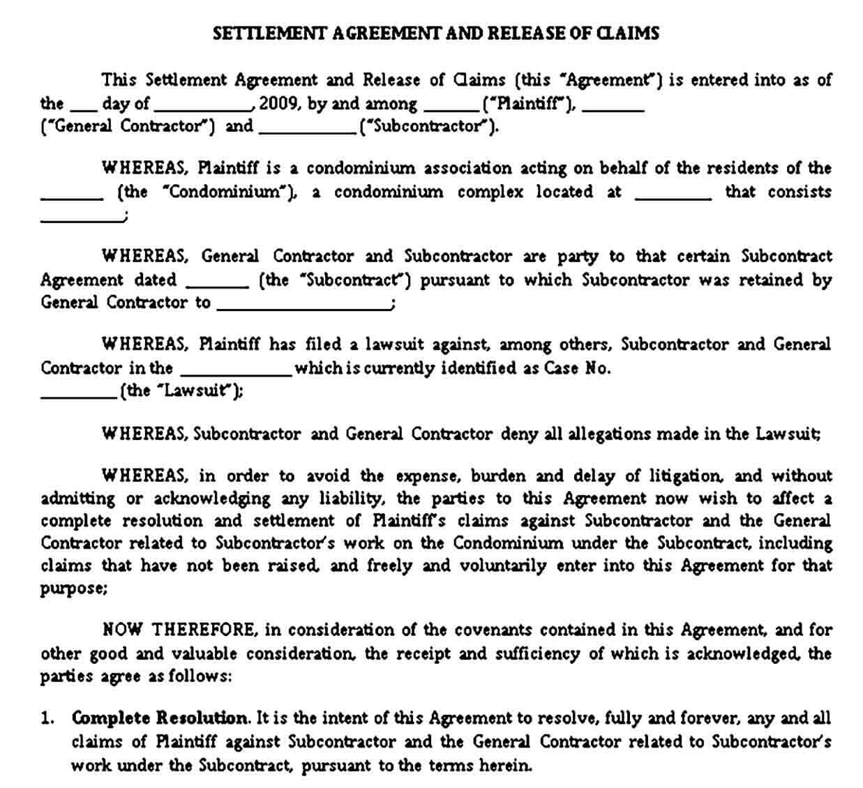Settlement Agreement Template Sample
