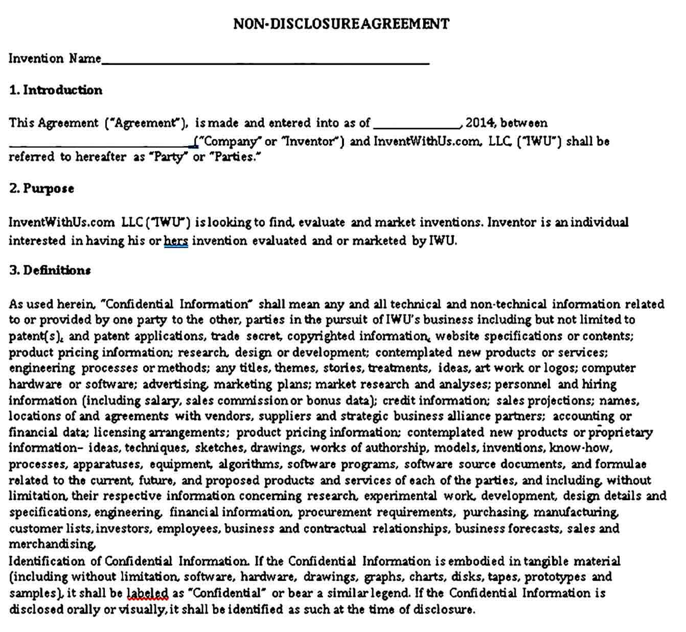 Standard Invention Non Disclosure Agreement Form