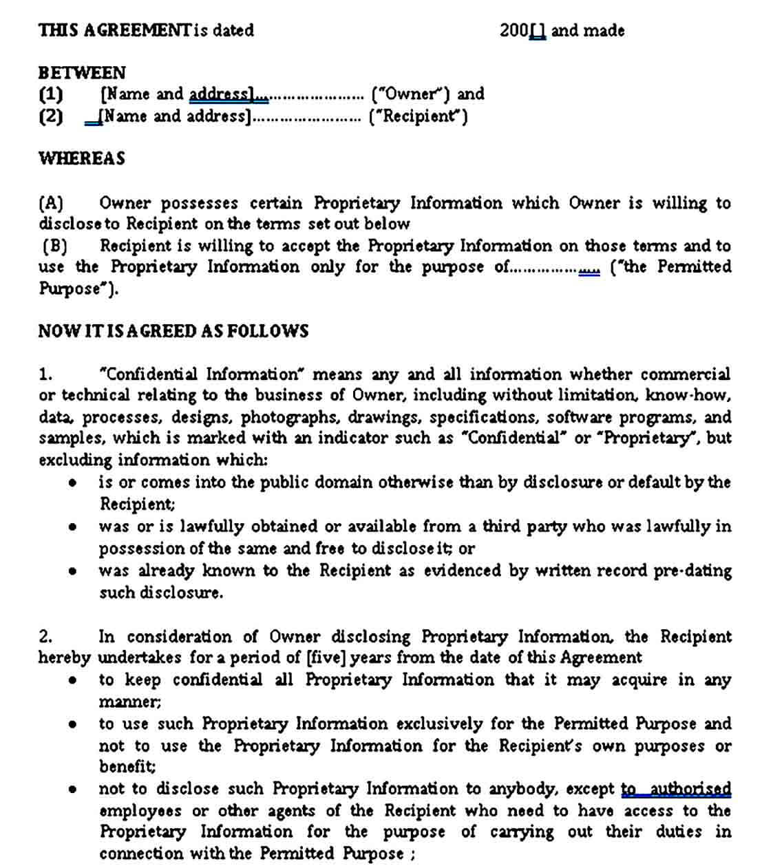 Standard Model Non Disclosure Agreement Form Doc