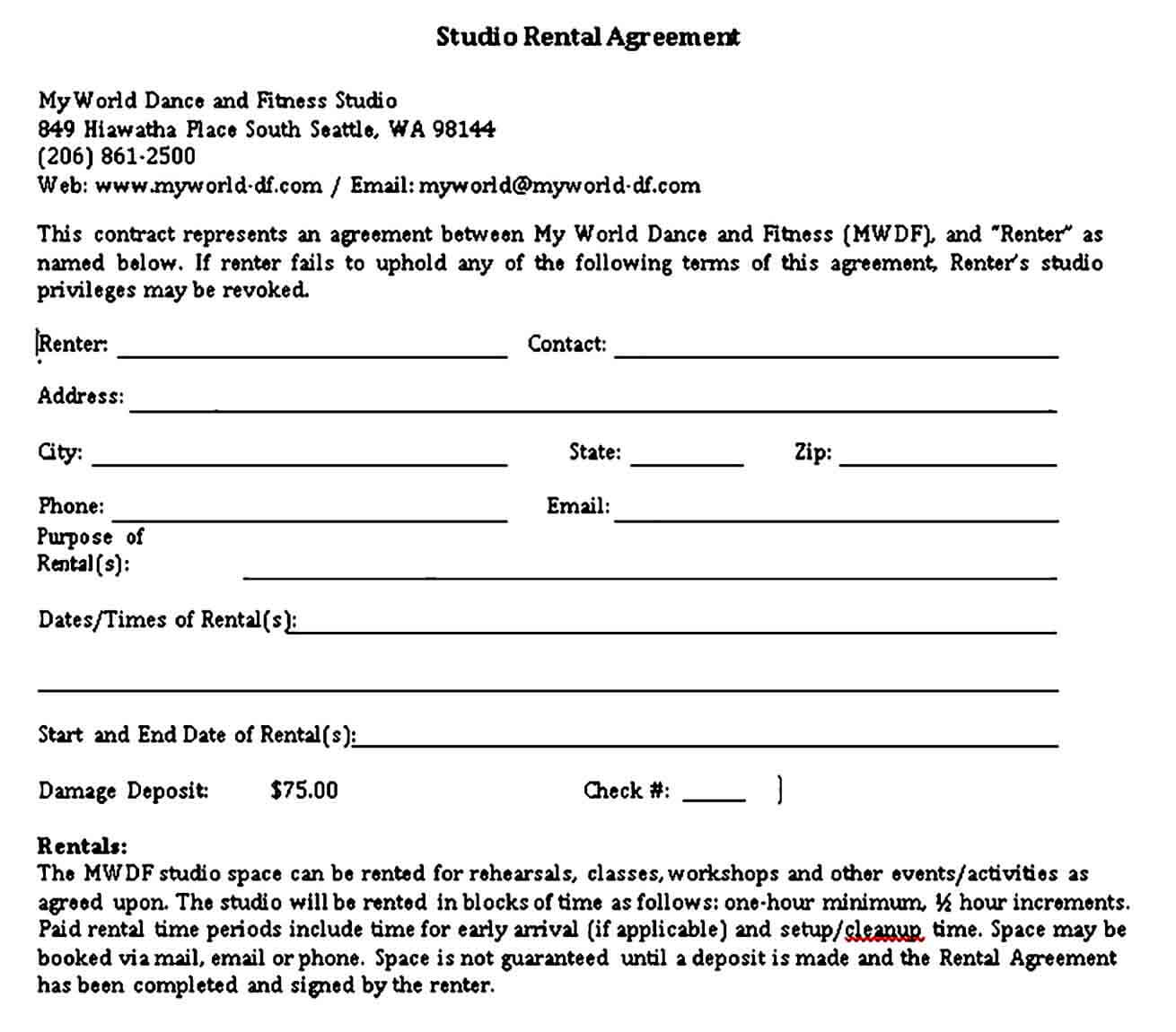 Studio Rental Agreement Sample