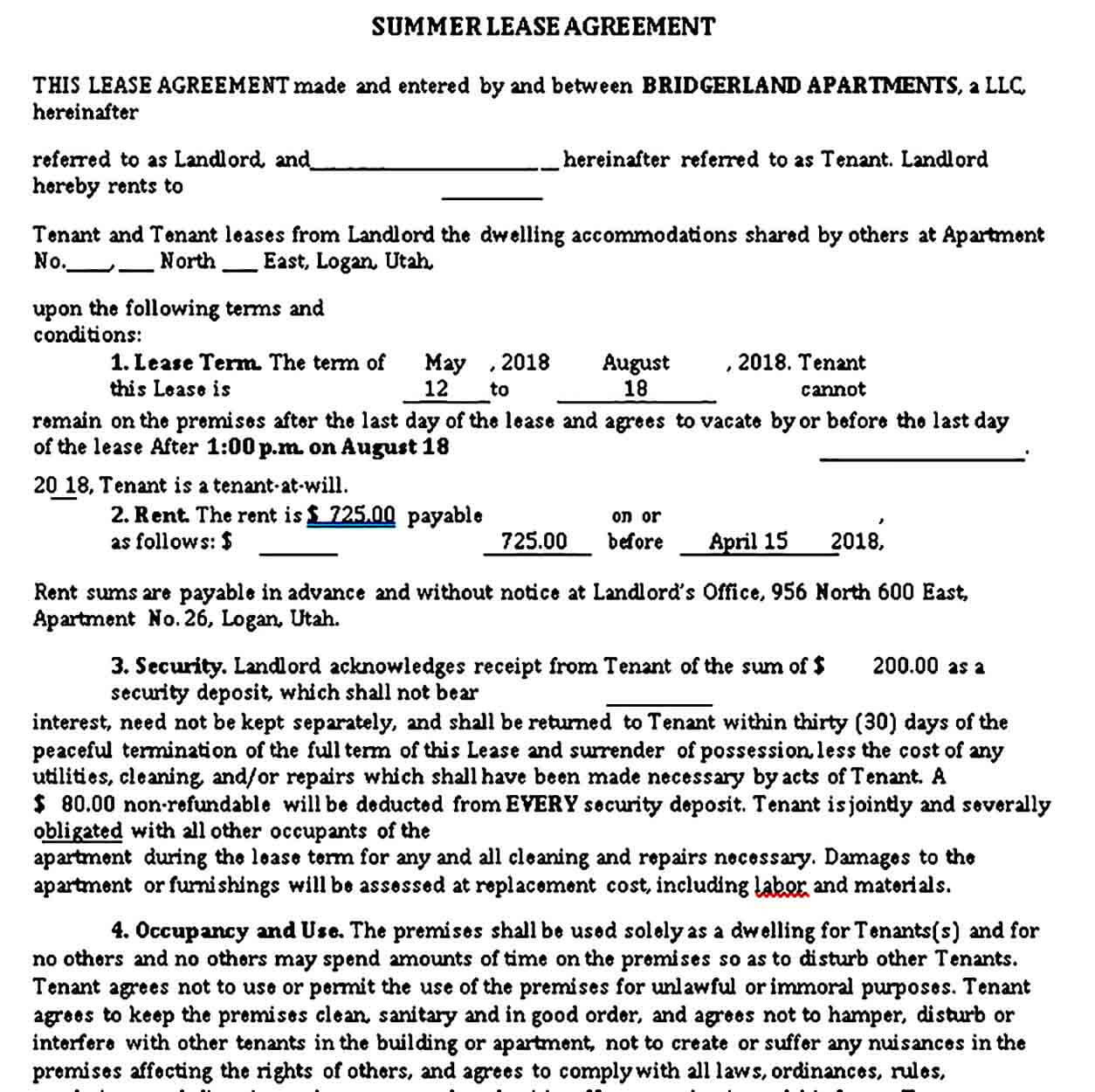 Summer Lease Agreement
