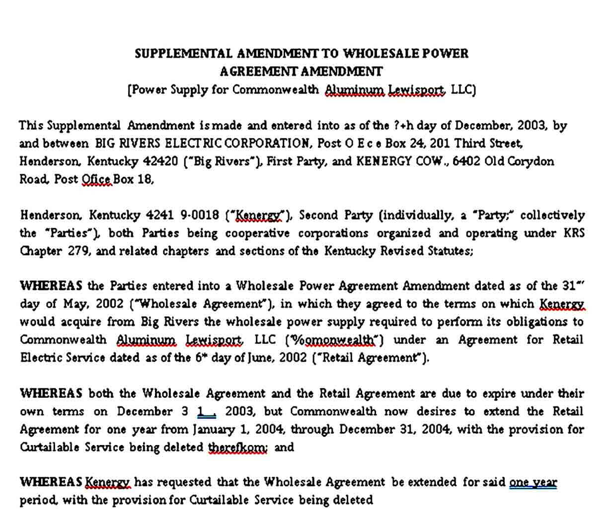 Supplemental Amendment to Wholesale Power Agreement