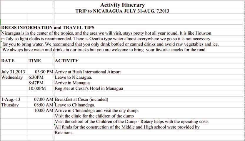 Templates Activity Itinerary Example