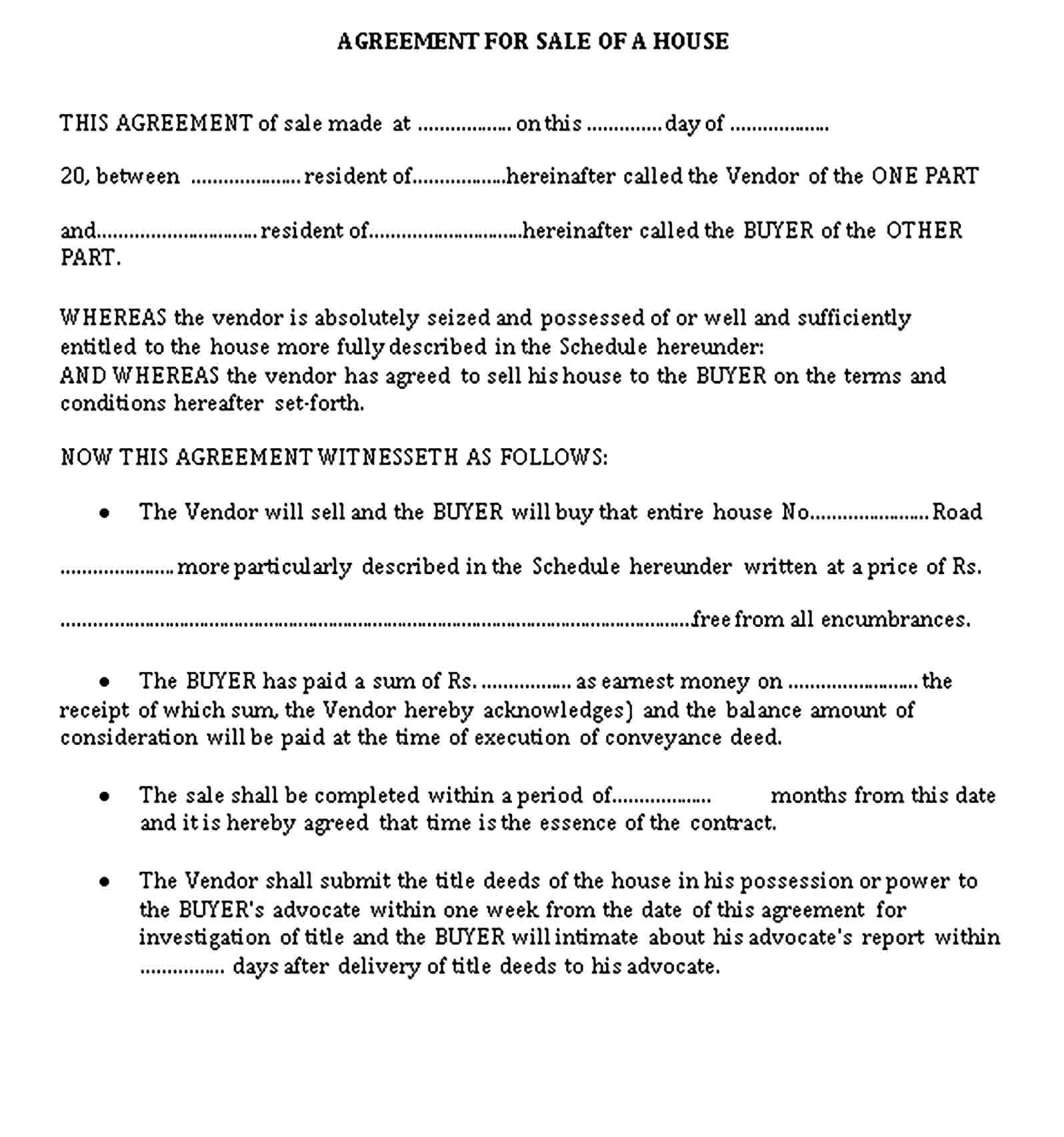 Templates Agreement for Sale of a House Sample