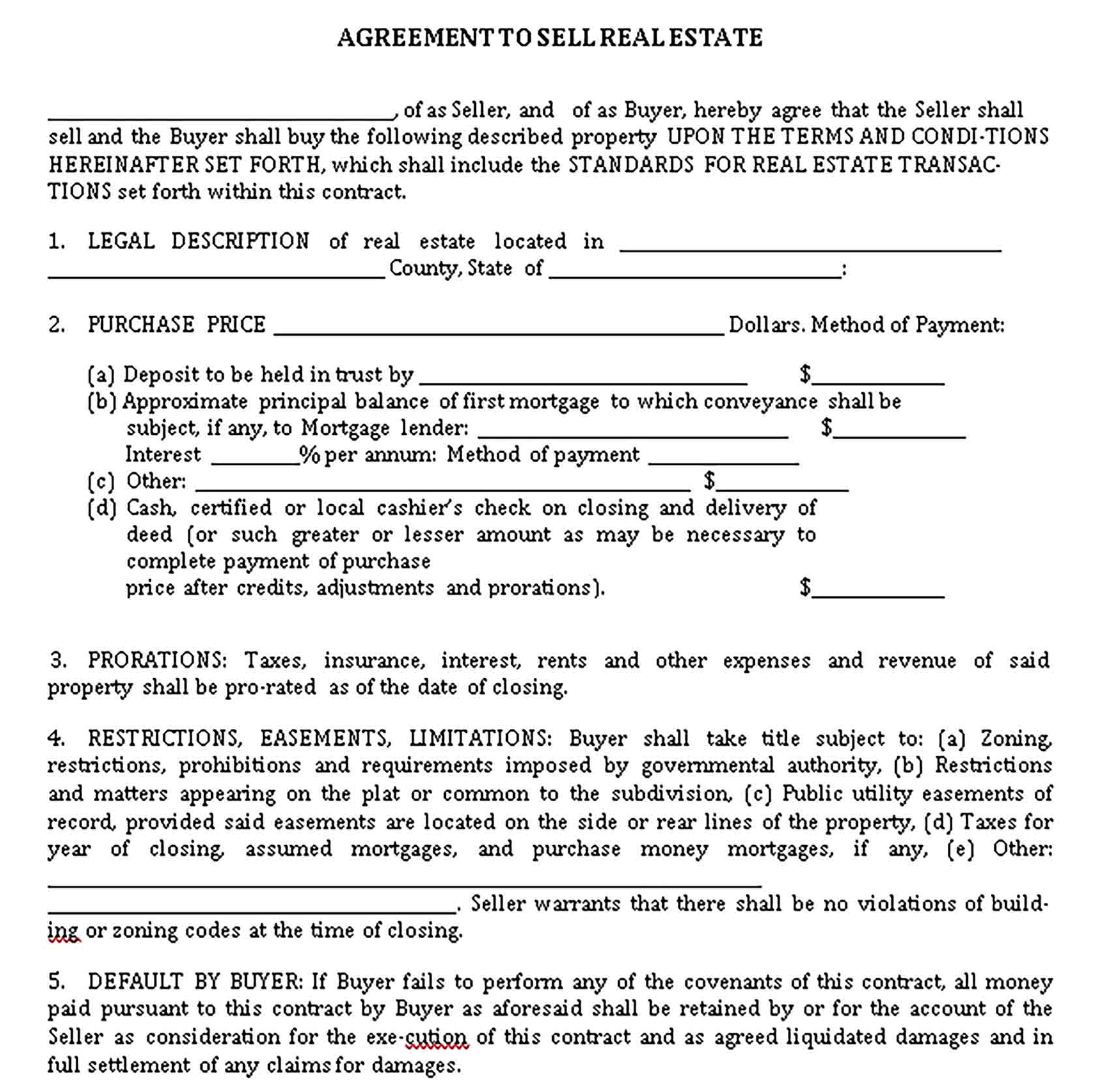 Templates Agreement to Sell Real Estate Sample