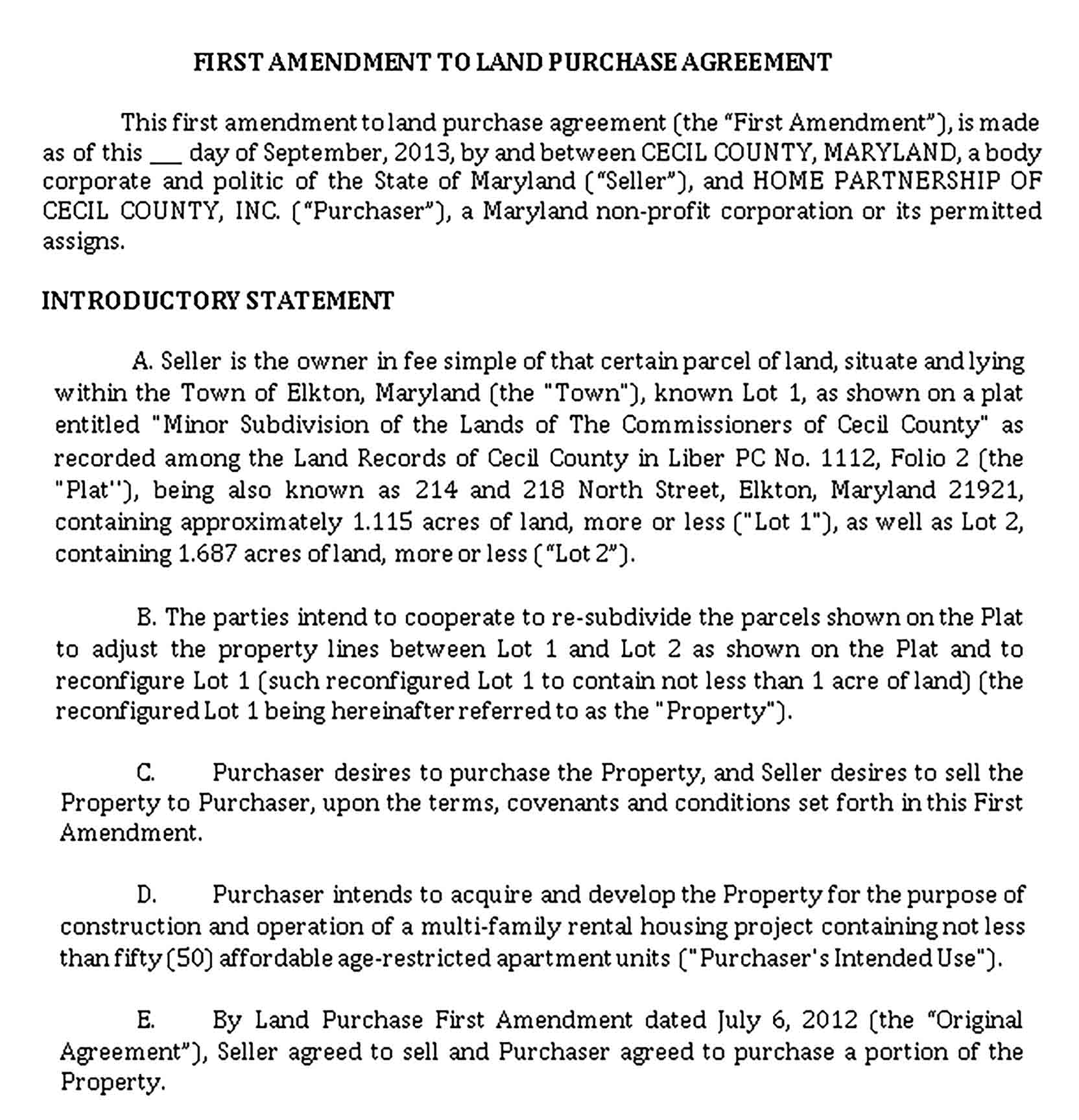 Templates Amendment Land Purchase Agreement Sample