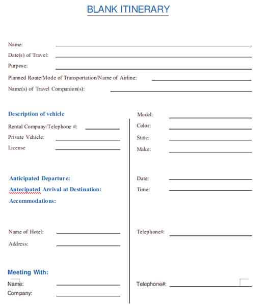 Templates Blank Itinerary A4 Example - Family Reunion Itineraries