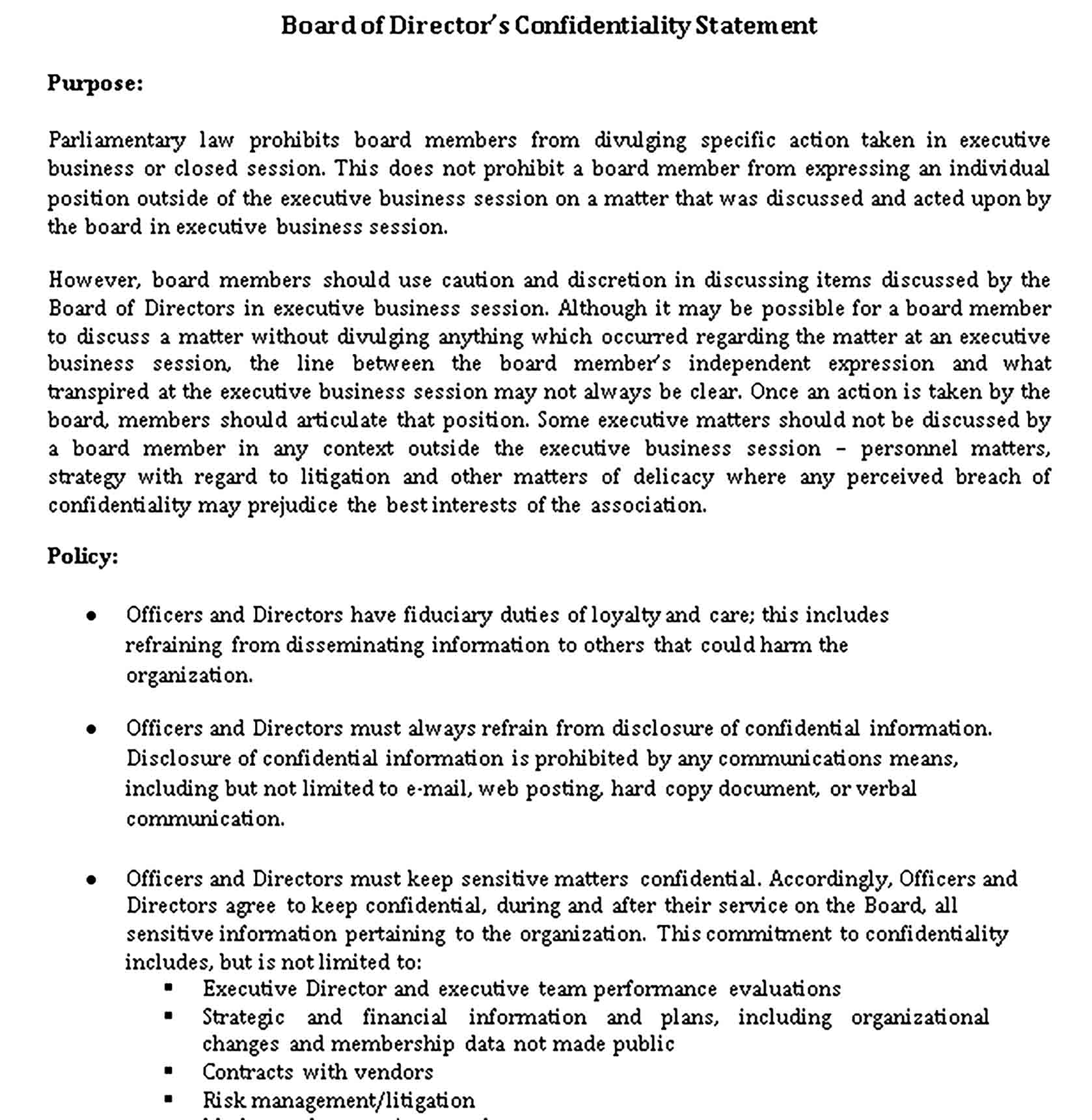 Templates Board of Directors Confidentiality Statement Sample