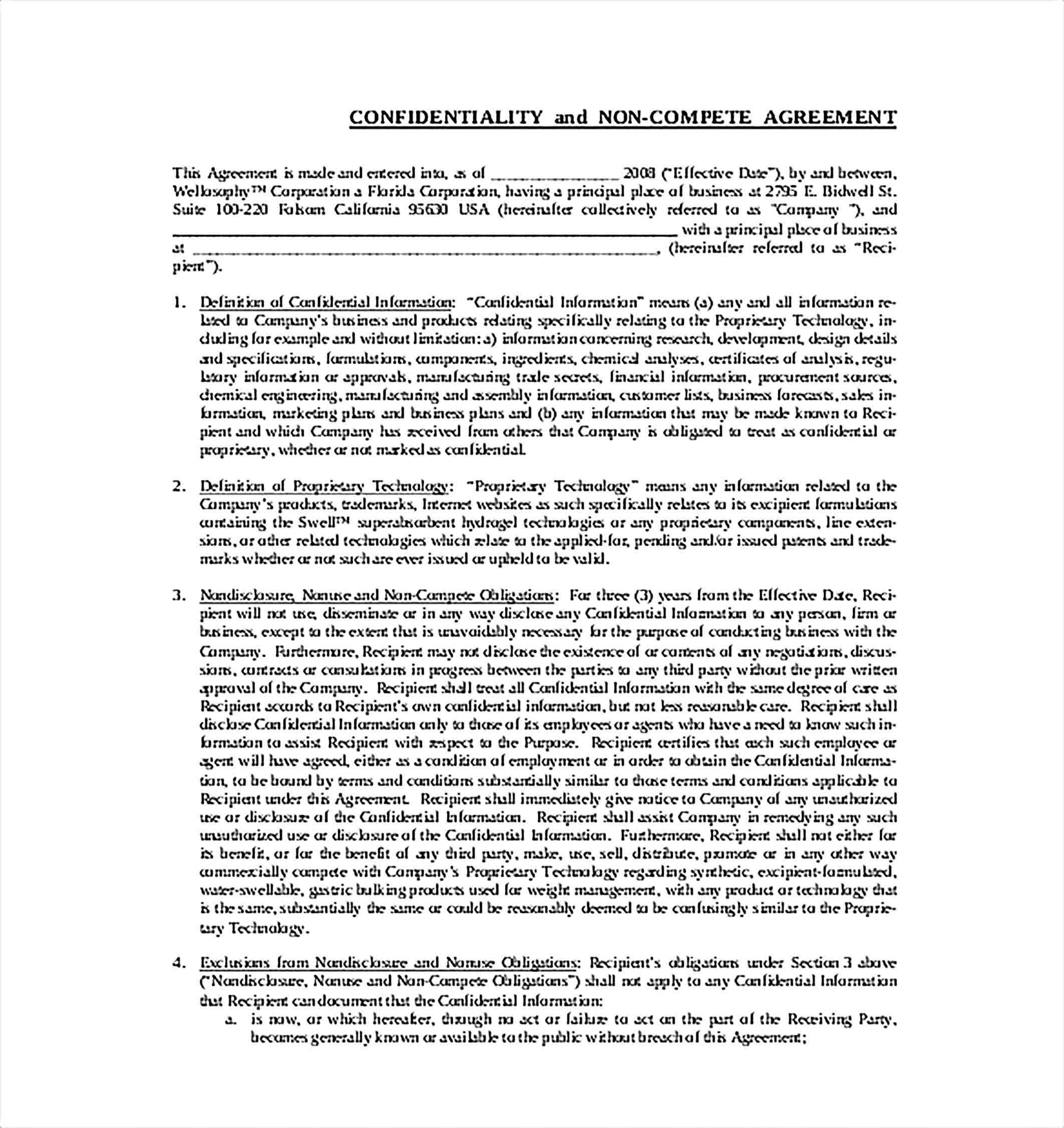 Templates Business Confidencial Non Compete Agreement Sample