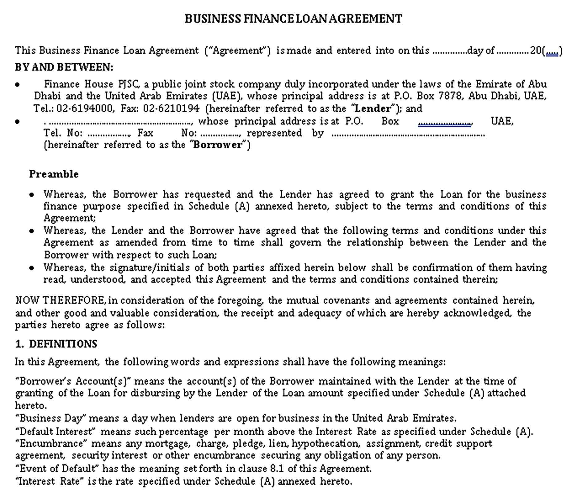 Templates Business Finance Loan Agreement Sample 1